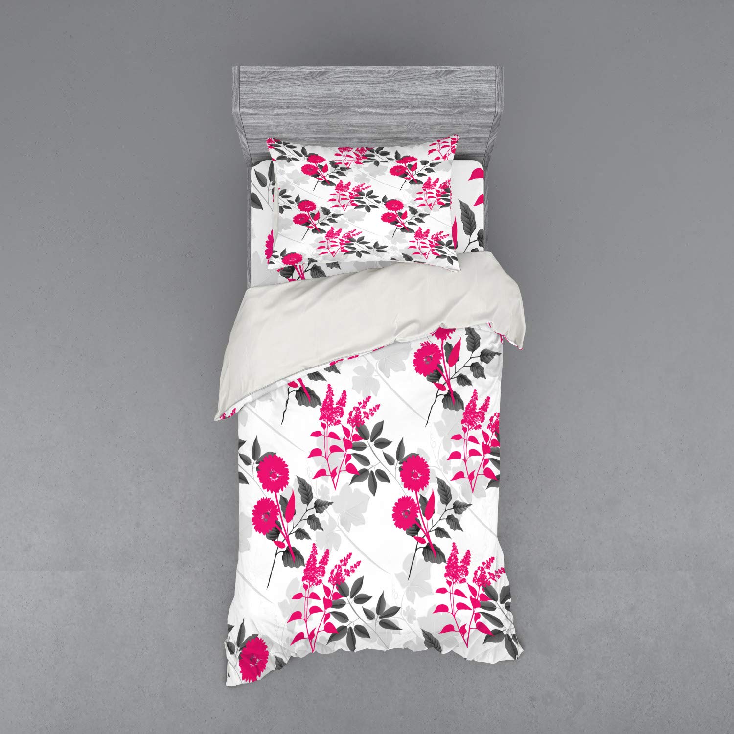 Ambesonne Floral Duvet Cover Set - 3 Piece Twin Size Bedding with Sham & Fitted Sheet | Abstract Flower & Leaf Pattern in Magenta, Dark Grey & White | Perfect for Boho Chic Bedrooms & Guest Room Decor