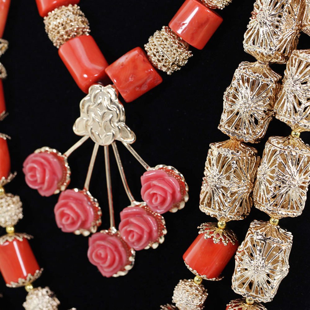 African Coral Bead Jewelry Set - Gold Beaded Fashion Necklace for Women | Handmade Tribal Necklace, Boho Chic Accessory for Parties, Weddings & Everyday Wear