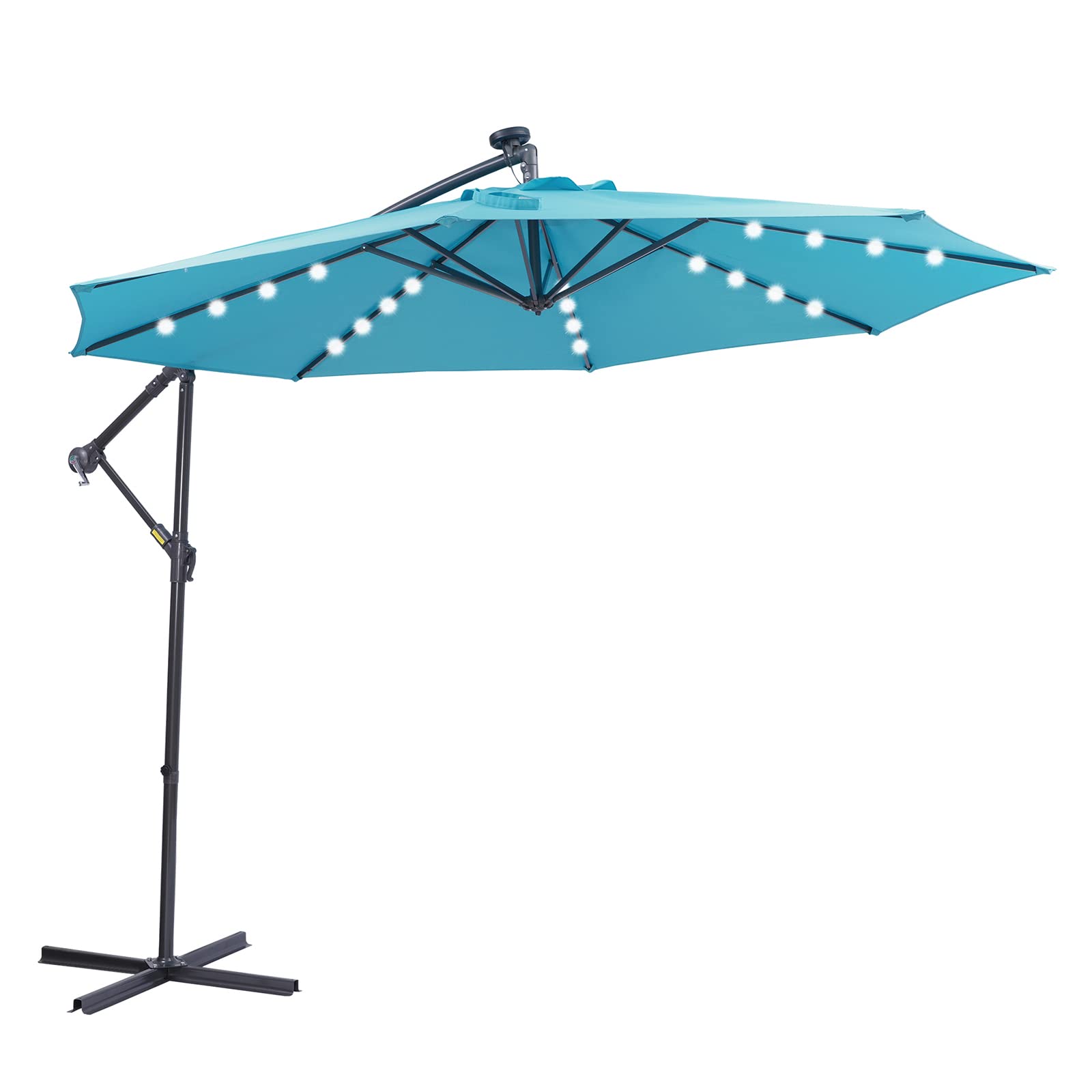 10 FT Solar LED Patio Umbrella - Hanging Cantilever Offset Umbrella with 32 LED Lights, Easy Open & Adjustable (Blue) - Perfect for Backyard, Poolside, and Outdoor Dining Areas