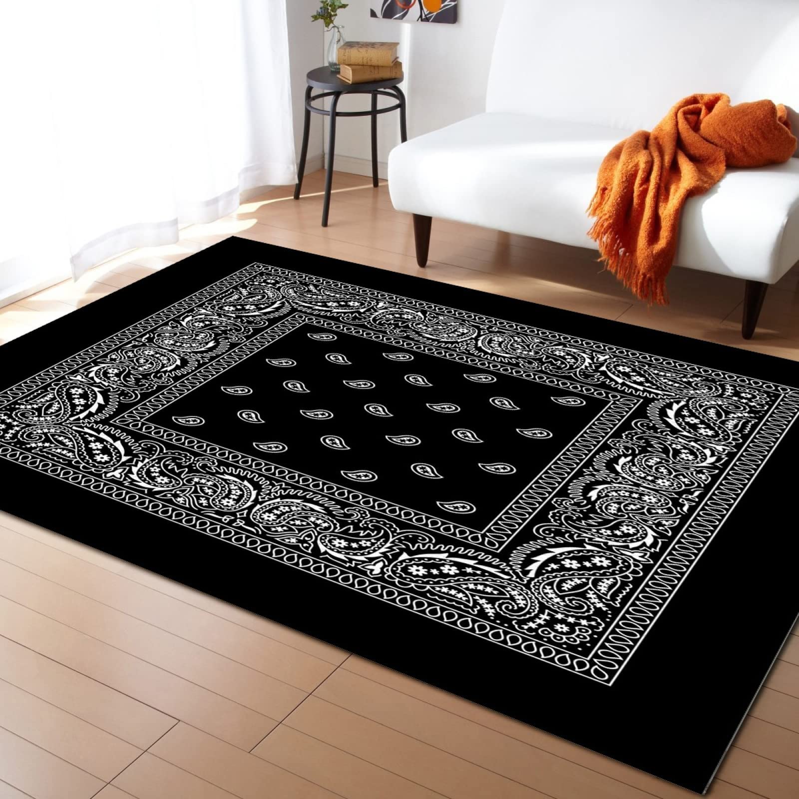 Bohemian Paisley Black Bandana Area Rug - 5.3x4ft Washable Indoor/Outdoor Carpet with Anti-Slip Backing | Decorative Floor Rug for Bedroom, Living Room, Dining Room, Office & Dorm | Perfect for Boho Home Decor, Yoga Space and Entryway