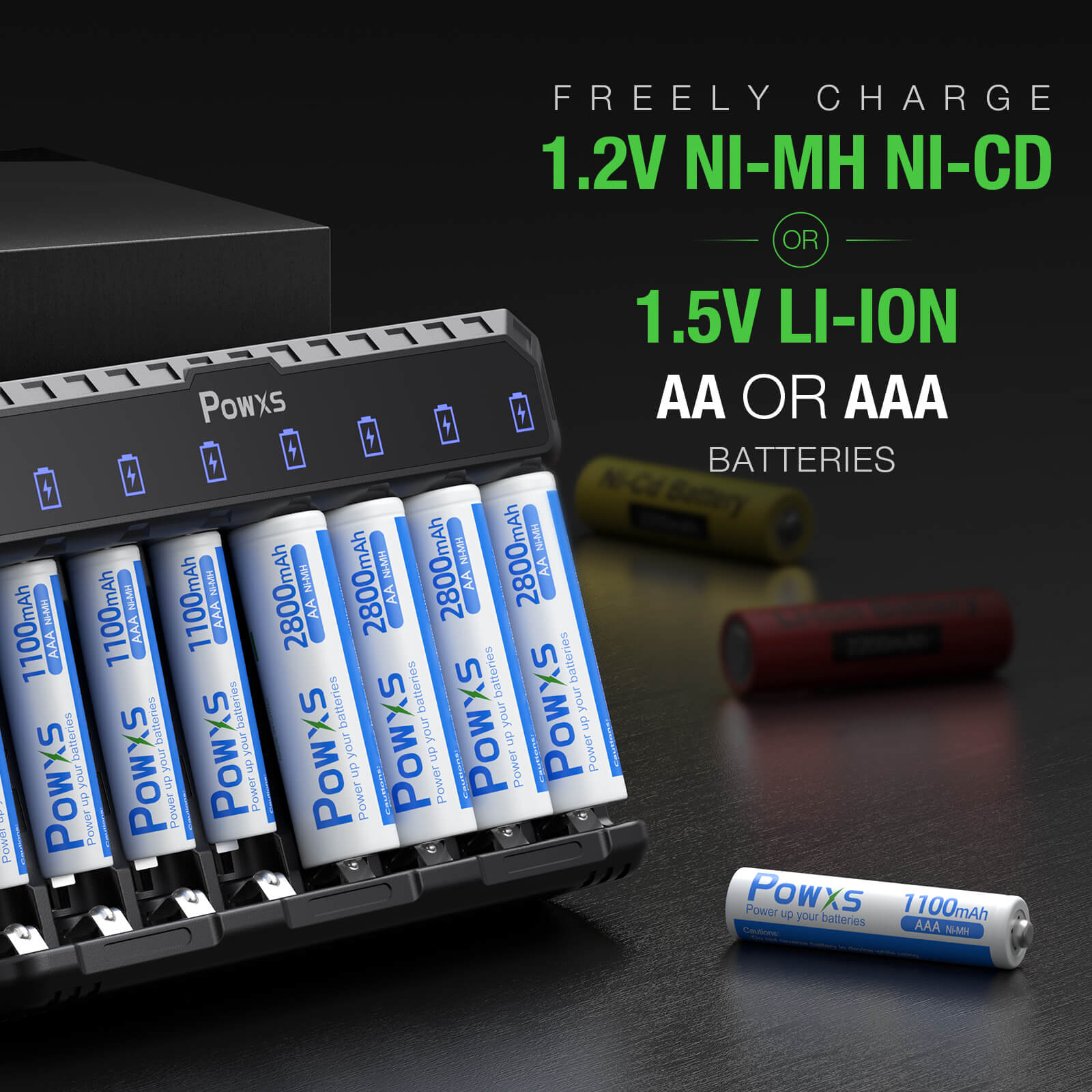 POWXS Rechargeable AA Batteries 2800mAh - 8-Slot LCD Smart Charger Included - High Capacity NiMH Batteries for Cameras, Flashlights, Toys & More - Perfect for Home, Office & Travel Use