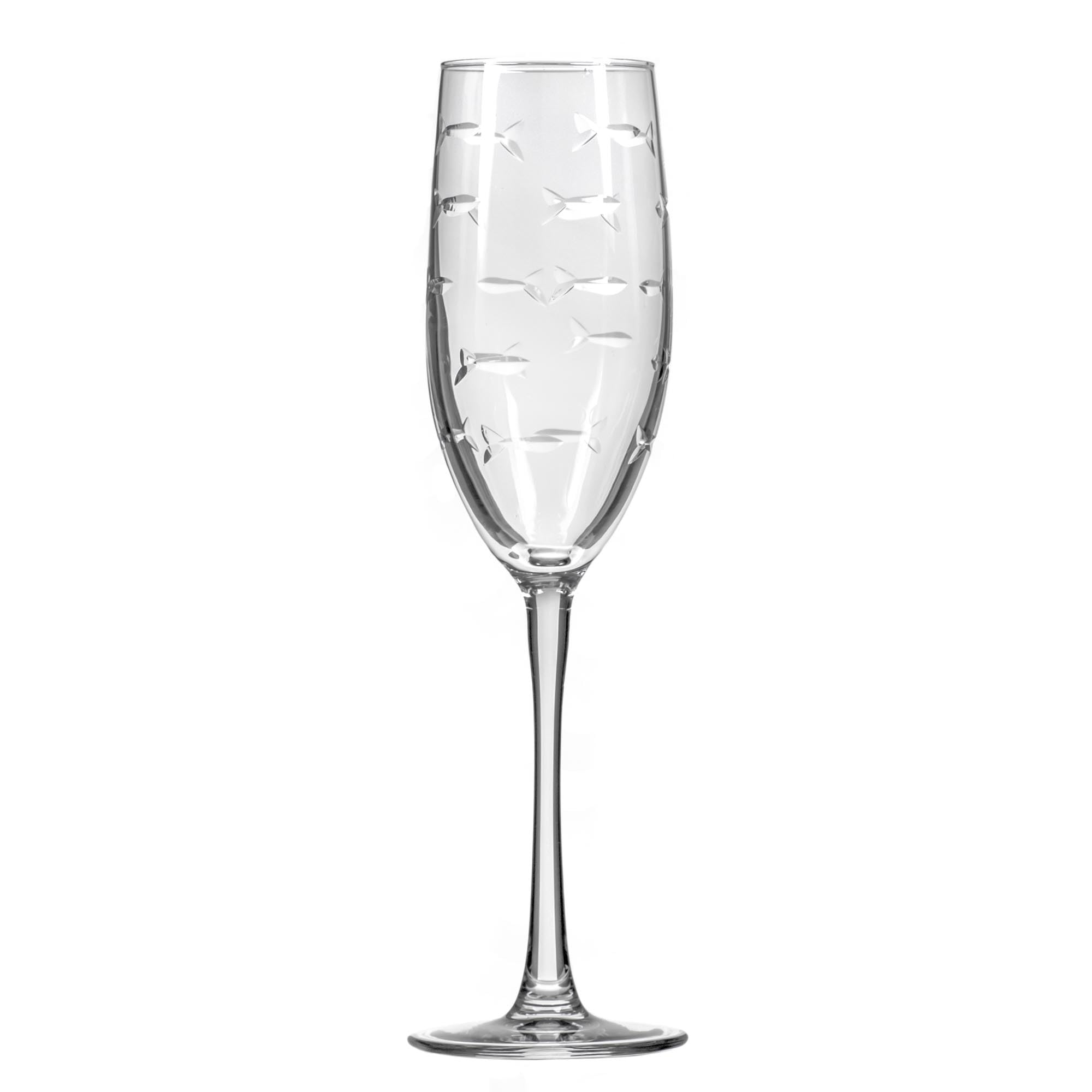 Premium Rolf Glass School of Fish 8oz Champagne Flutes - Set of 4 Lead-Free Crystal Clear Etched Flute Glasses | Handcrafted in USA | Perfect for Weddings, Anniversaries & Special Celebrations