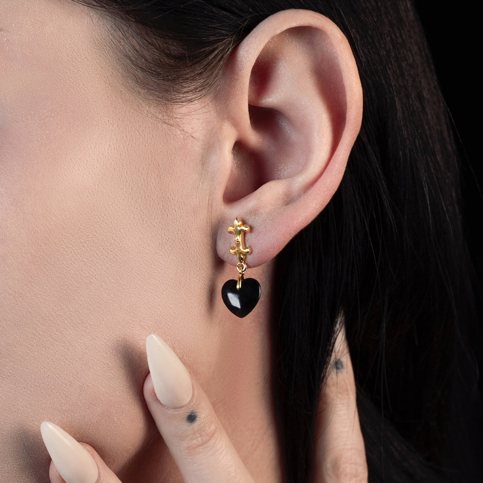 Medieval Black Glass Heart Drop Earrings - Gold Plated Gothic Jewelry for Women | Perfect for Renaissance Fairs, Cosplay & Dark Romance Outfits