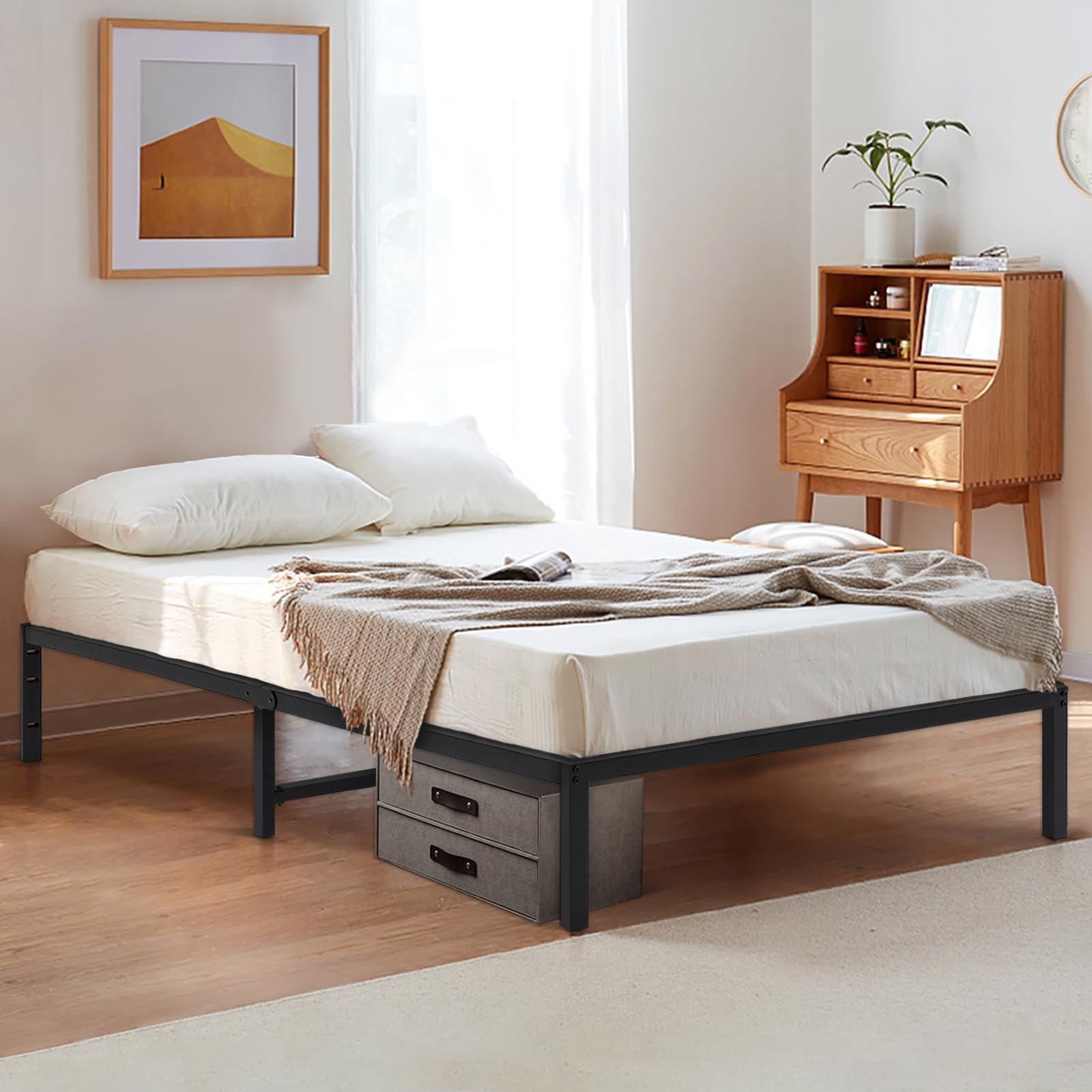 14 Inch Heavy Duty Metal Twin Bed Frame with Storage - No Box Spring Needed, Sturdy Steel Slats & Anti-Slip Support - Easy Quick Lock Assembly (Black) - Perfect for Small Spaces, Guest Rooms & Dormitories