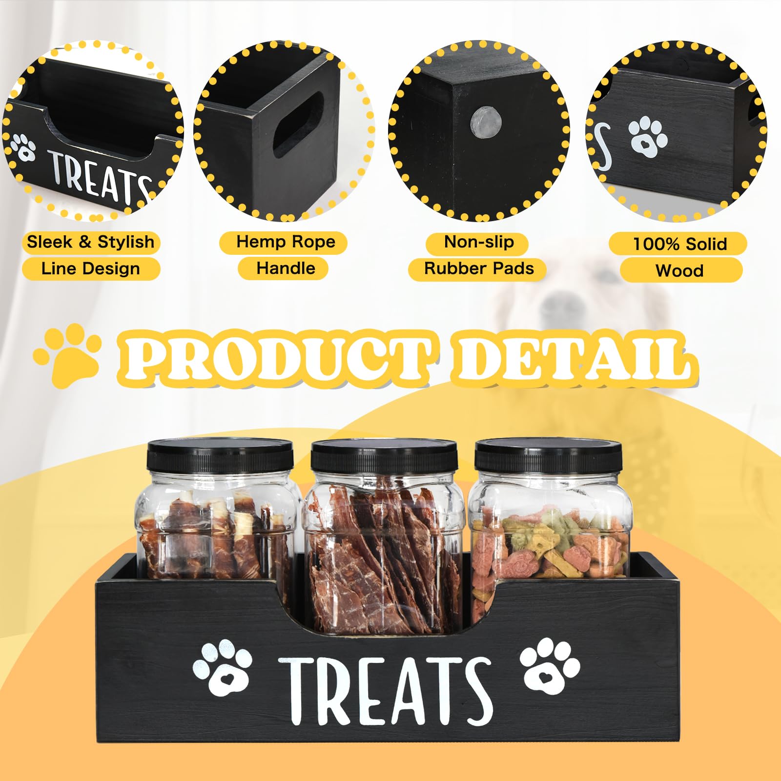 Farmhouse Style Wooden Dog Treat Storage Container with 3 Plastic Jars - Pet Food Organizer for Dogs, Cats & Small Animals - Perfect for Kitchen Counter, Pantry or Pet Feeding Station