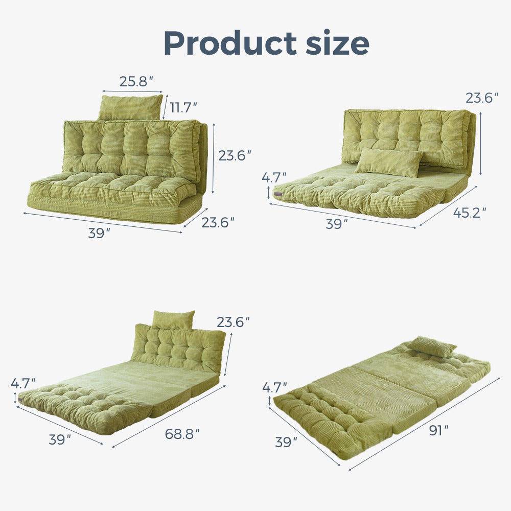 MAXYOYO Tufted Bean Bag Sofa Bed - Foldable Floor Couch with Pillows in Green | Comfortable Lounge Chair for Living Room, Bedroom & Game Room