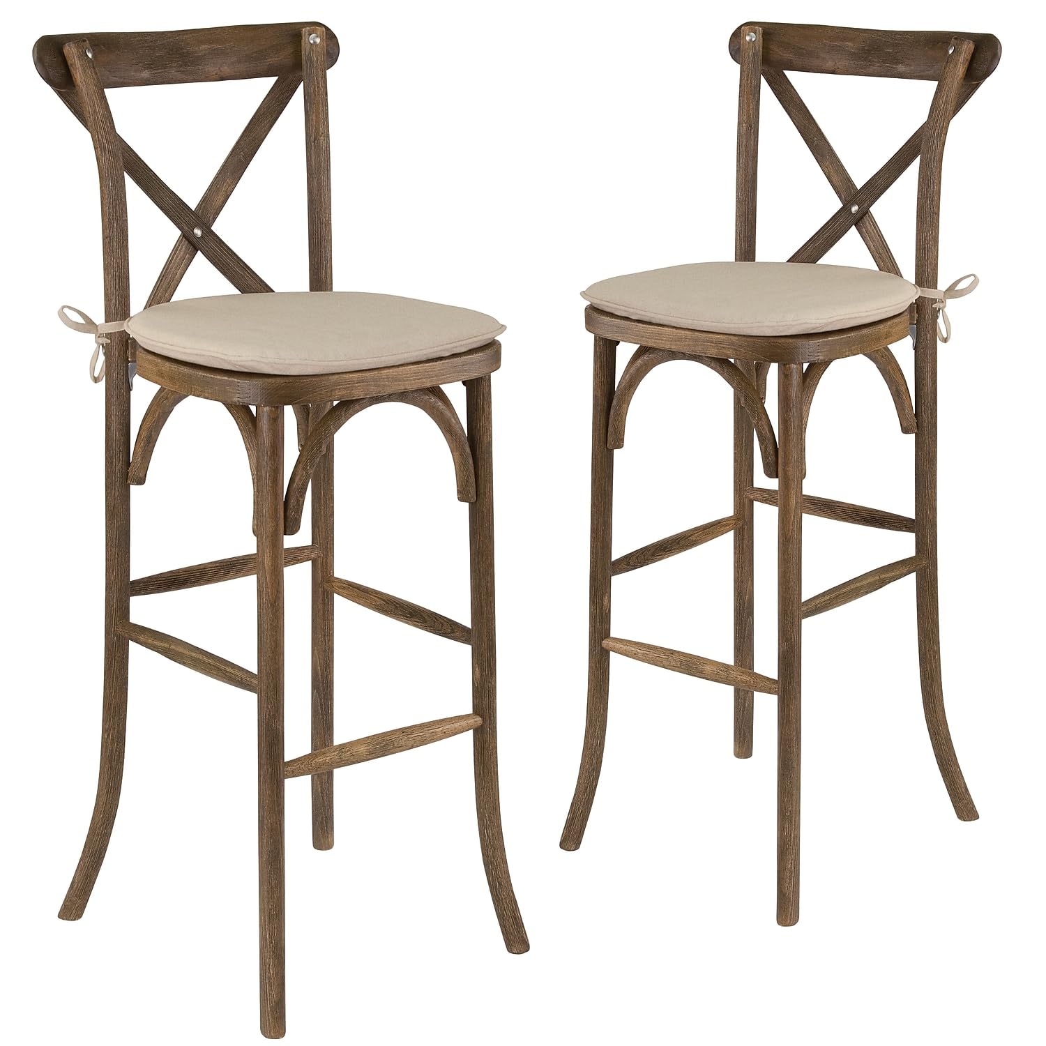 Flash Furniture 2-Pack HERCULES Series Dark Antique Wood Cross Back Bar Stools with Cushions - Perfect for Kitchen Islands, Home Bars & Dining Counter Seating
