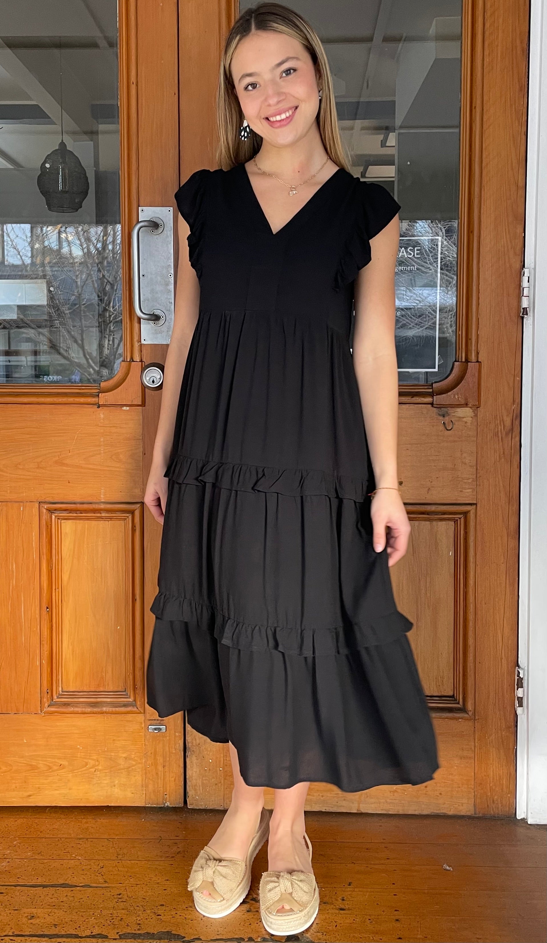 Jayla Ruffled Tiered Midi Dress for Women - Flowy Black Summer Dress with Ruffle Details | Perfect for Beach Vacations, Date Nights & Casual Outings