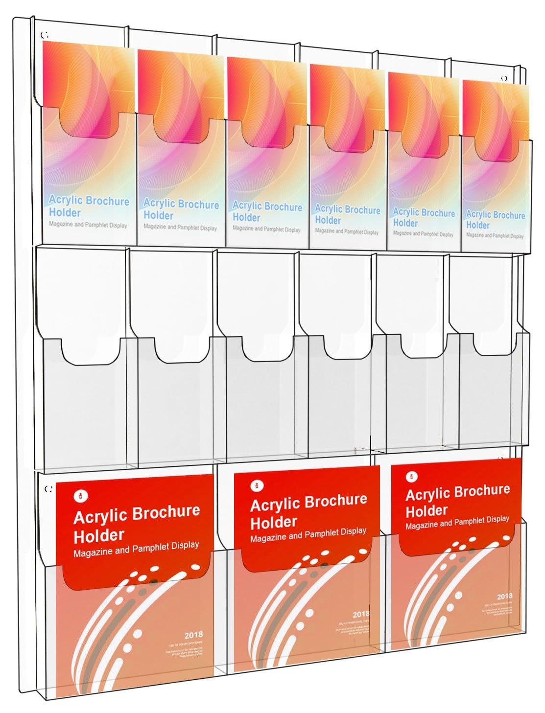 Clear Acrylic Wall Mount Brochure Holder - Magazine & Pamphlet Display Organizer Rack for 12 Pamphlets + 3 Magazines - Business Card Holders & Index Tabs - Perfect for Offices, Restaurants, Hotels & Retail Stores