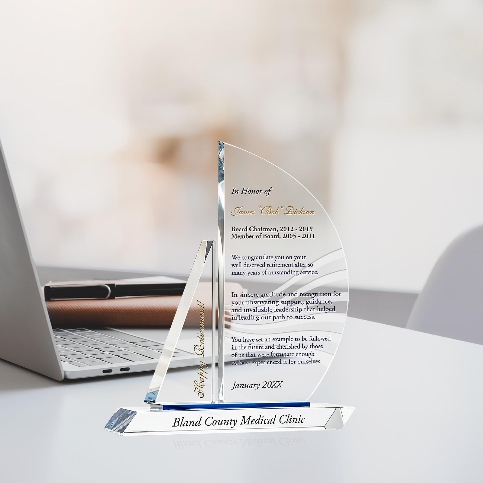 Personalized Engraved Crystal Sailboat Retirement Gift for Executives - CEO, President, Board Member - 10 Inch Custom Plaque for Him & Her | Perfect Office Decor & Milestone Celebration Gift