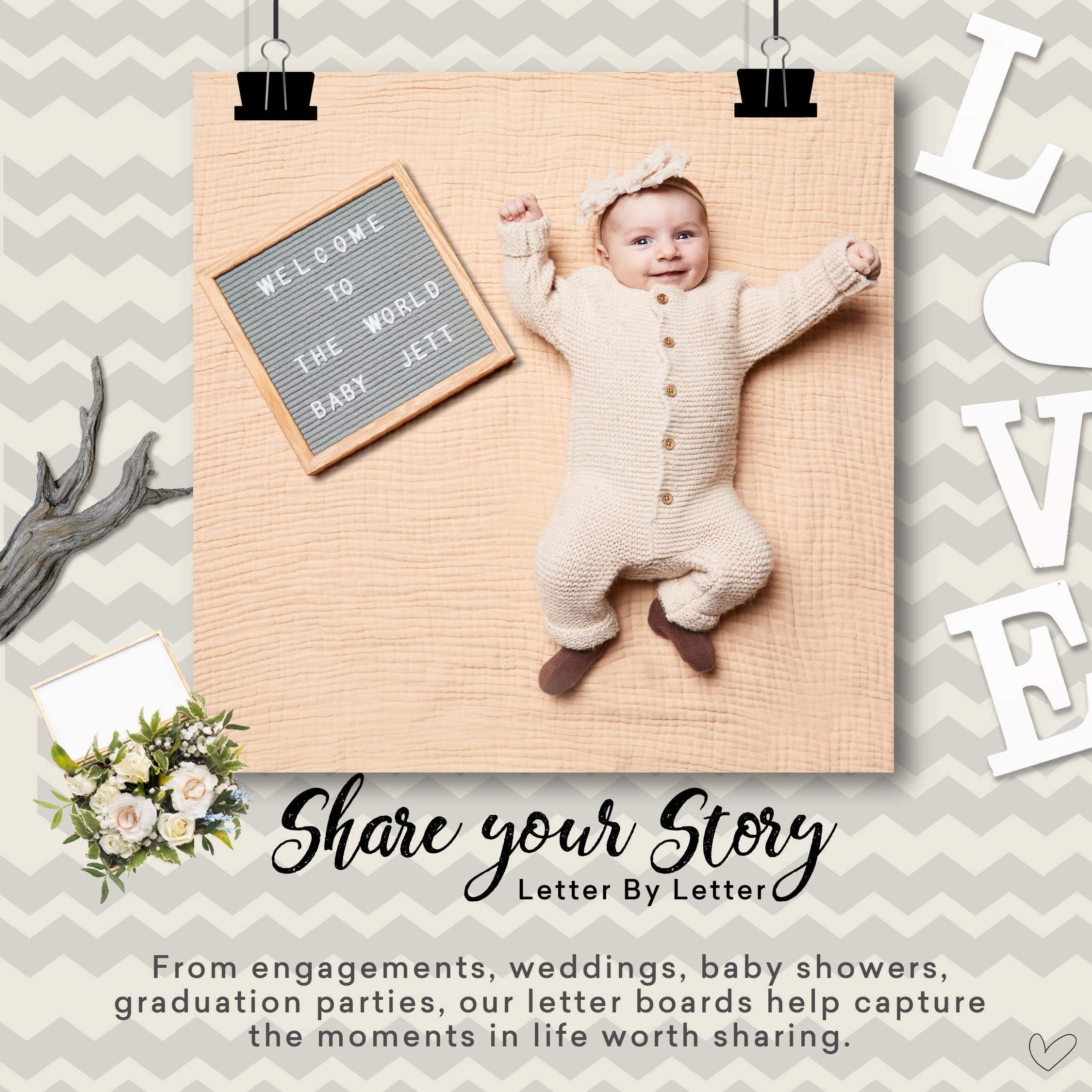10x10 Inch Felt Letter Board with 300 Changeable Letters - Oak Frame Wooden Message Board for Baby Announcements, Milestones & Office Decor | Perfect for Home, Nursery, Wedding, Classroom & Party Decorations (Gray)
