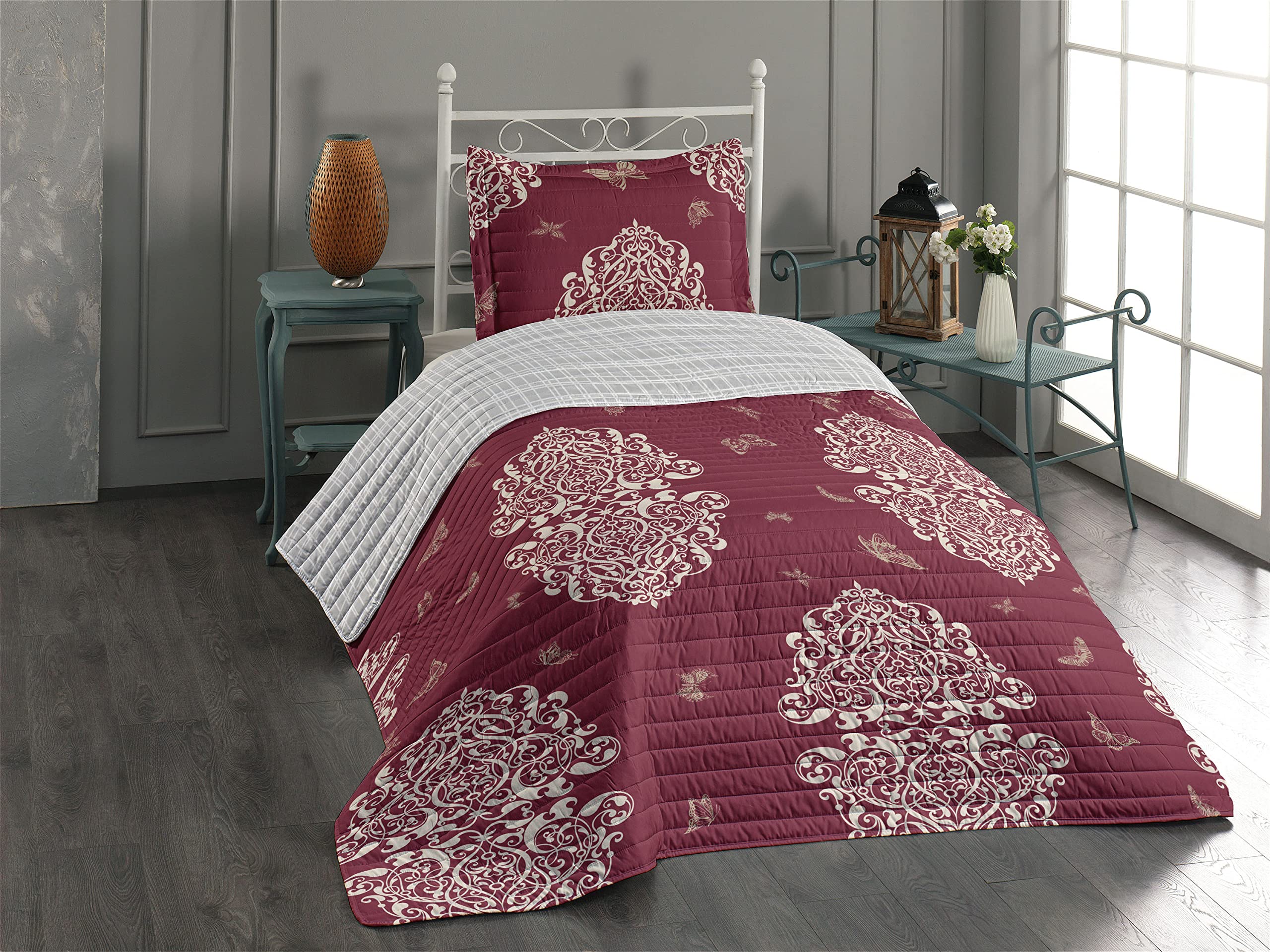 Ambesonne Vintage Reversible Bedspread Set - Delicate Butterflies & Retro Floral Patterns in Art Deco Style | Microfiber Comforter & Pillow Shams | Twin Size Raspberry | Perfect for Bohemian Bedrooms & Guest Room Decor