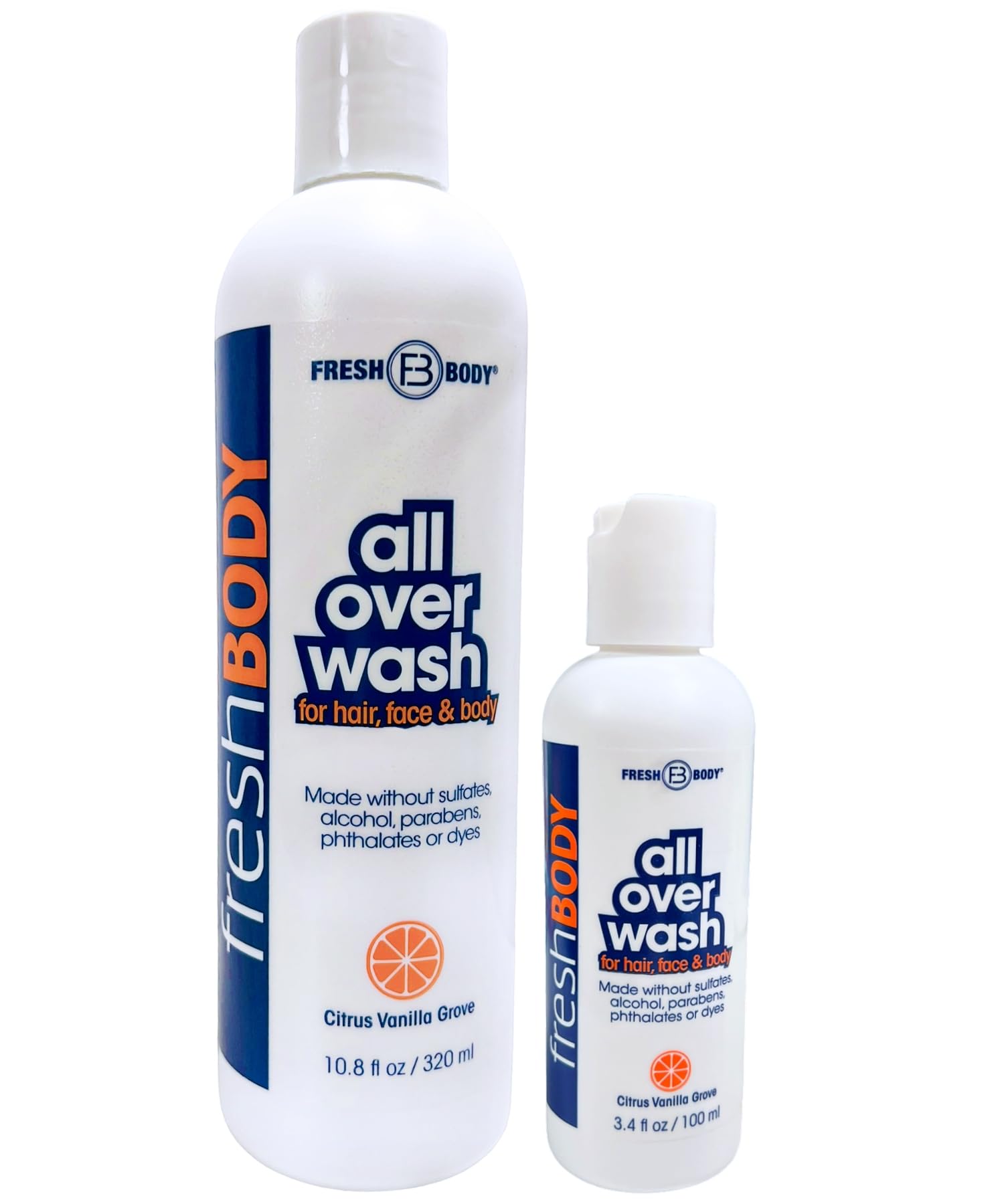 FB All Over Wash for Hair, Face & Body - Citrus Vanilla Grove Shower Gel for Men & Women | 10.8oz + Travel Size 3.4oz | Alcohol, Sulfate, Dye & Paraben Free | Natural Cleanser for Daily Shower, Gym & Travel