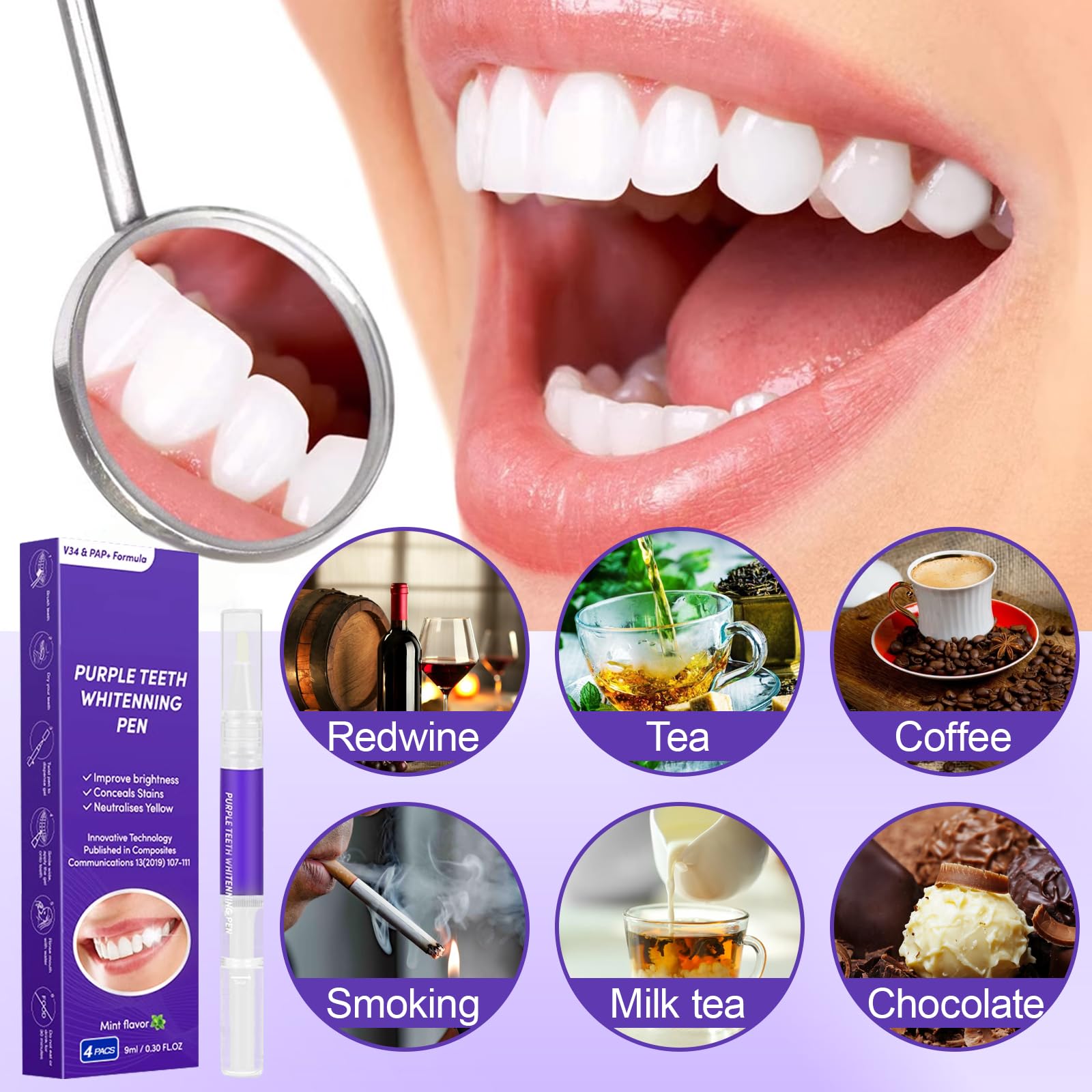 Landrain 4-Pack Teeth Whitening Pen Set - Purple Teeth Whitening & Stain Removal for Instant Brightening - Perfect for Travel, Home Use & Special Occasions