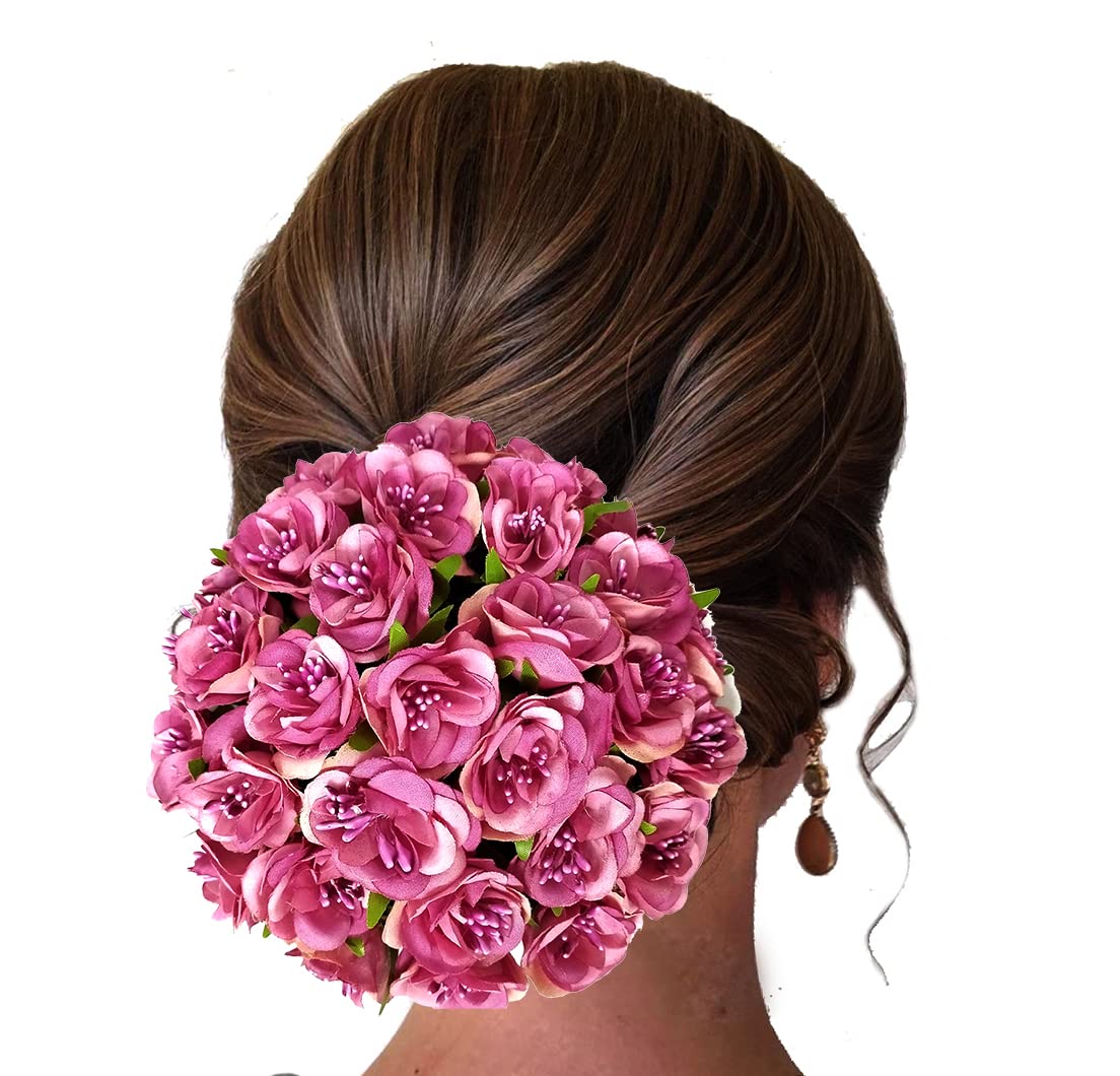 Artificial Rose Flower Hair Pin - Bridal Juda Pin, Rose Juda Bun Cover, Hair Accessories for Women & Girls (Dark Pink) - Perfect for Weddings, Parties & Special Occasions