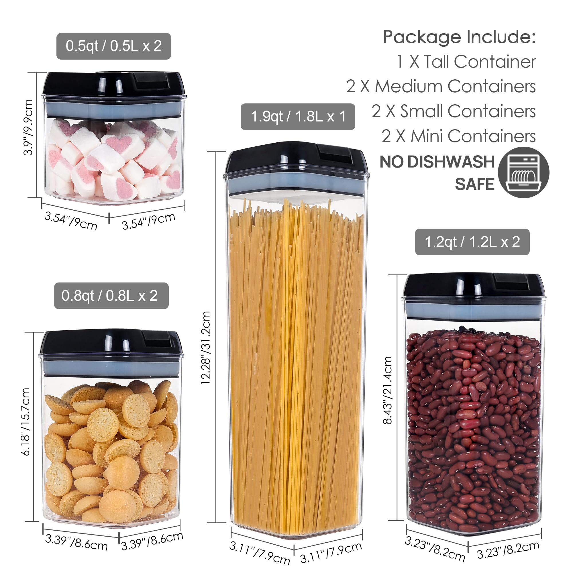 Vtopmart 7-Piece Airtight Food Storage Containers Set - BPA Free Plastic Kitchen Canisters with Locking Lids for Cereal, Flour, Sugar & Dry Goods - Perfect for Pantry Organization & Meal Prep (Includes 24 Labels, Black)