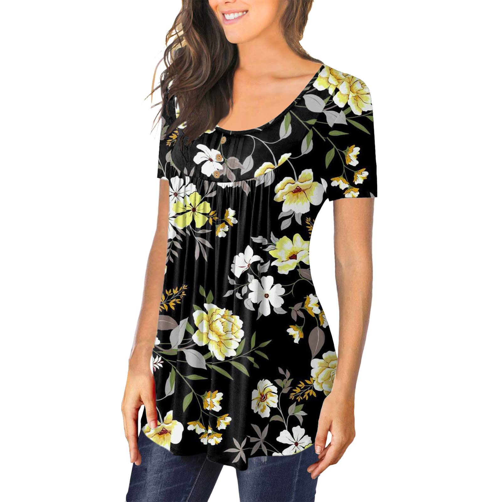 Littleice Women's Summer Casual Short Sleeve Tunic Blouse - Button Print Series Tee Shirt for Work, Date Night & Vacation Outfits