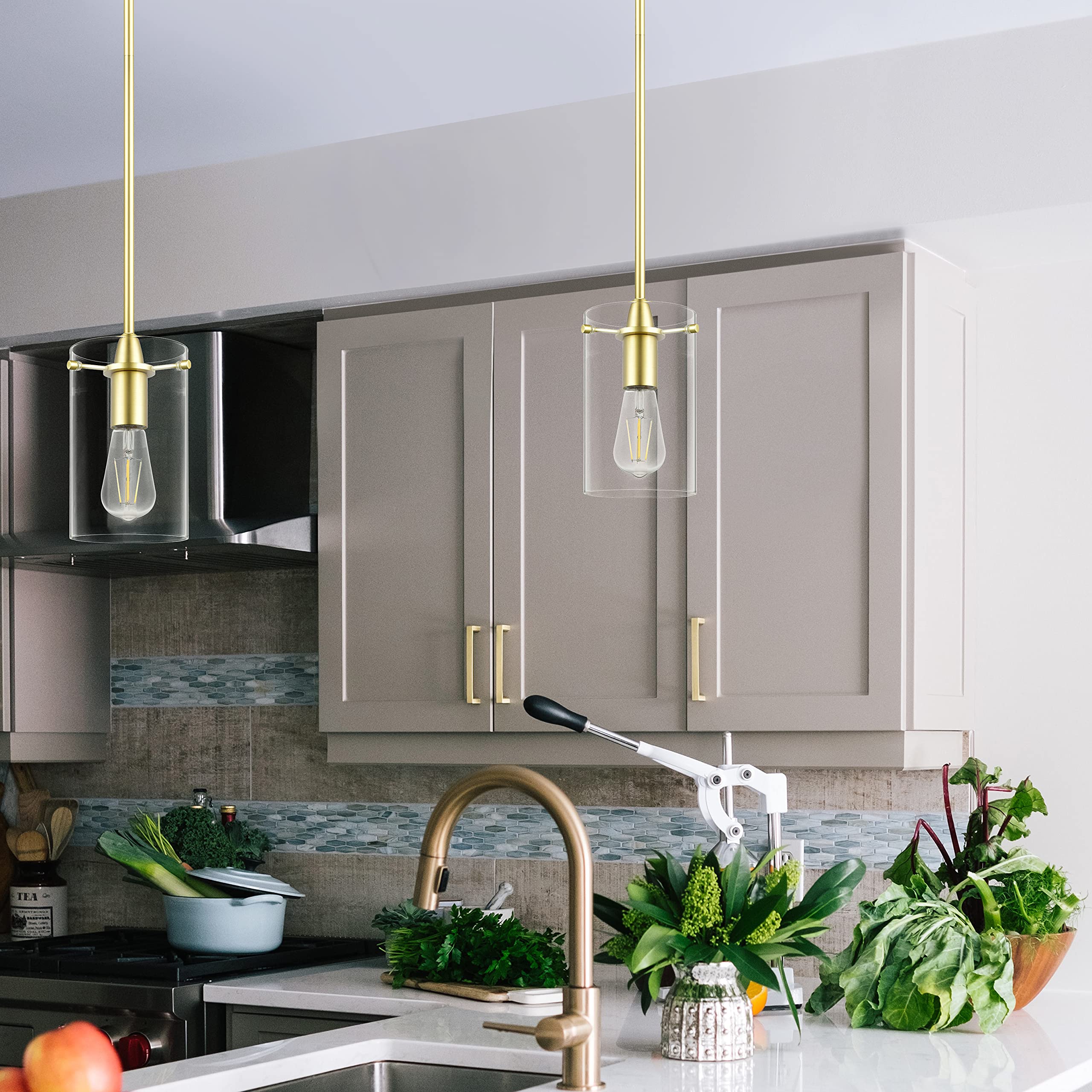 Brass Satin Pendant Light for Kitchen Island - Clear Glass Medium Hanging Fixture | Perfect for Dining Room, Bar, and Home Decor