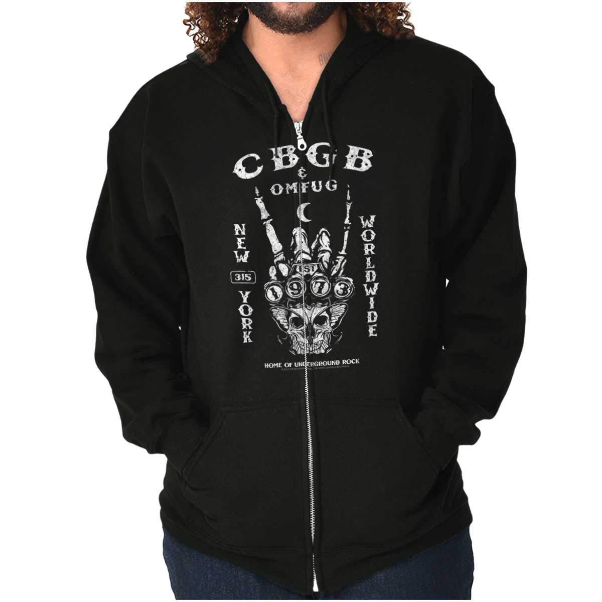 Brisco Brands Punk Rock CBGB OMFUG 70s Bowery NYC Zip Up Hoodie for Men & Women - Vintage Streetwear, Retro Music Festival Fashion, Unisex Casual Hooded Sweatshirt