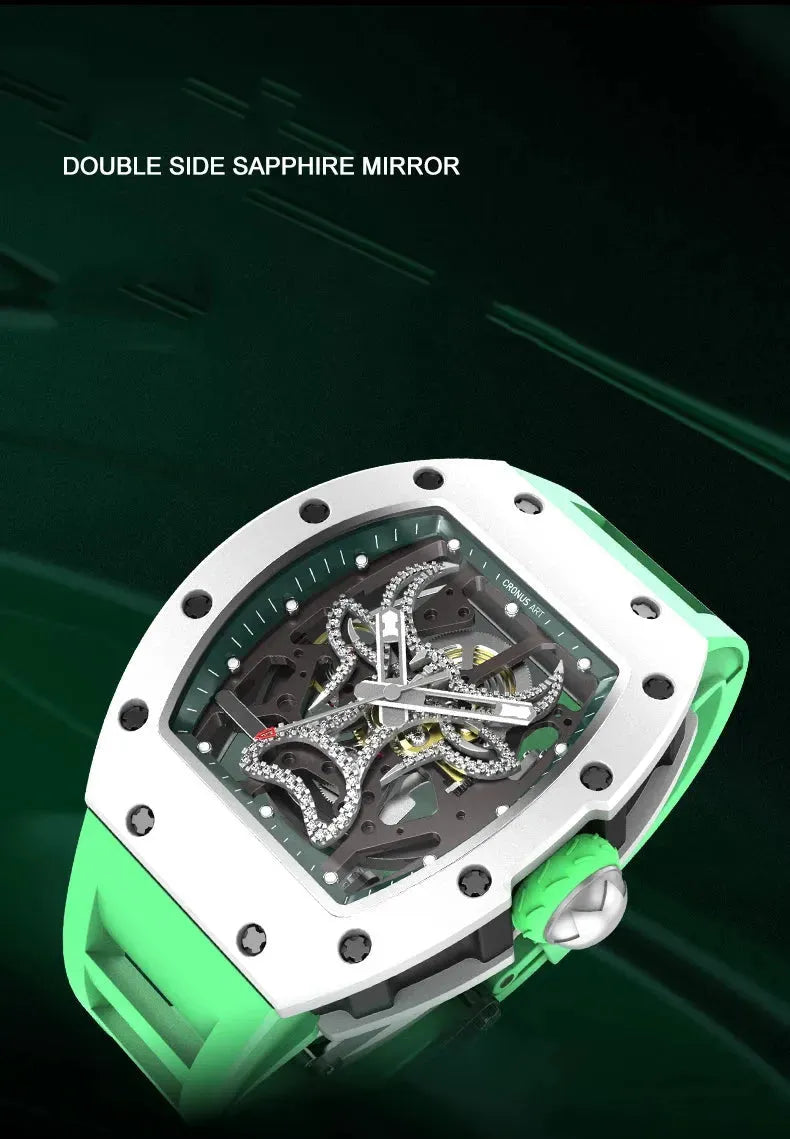 Luxury CRONUSART Men's Automatic Skeleton Watch - Tonneau Carbon Fiber Case, Luminous Dial, Fluororubber Strap - Perfect for Business, Formal & Casual Wear
