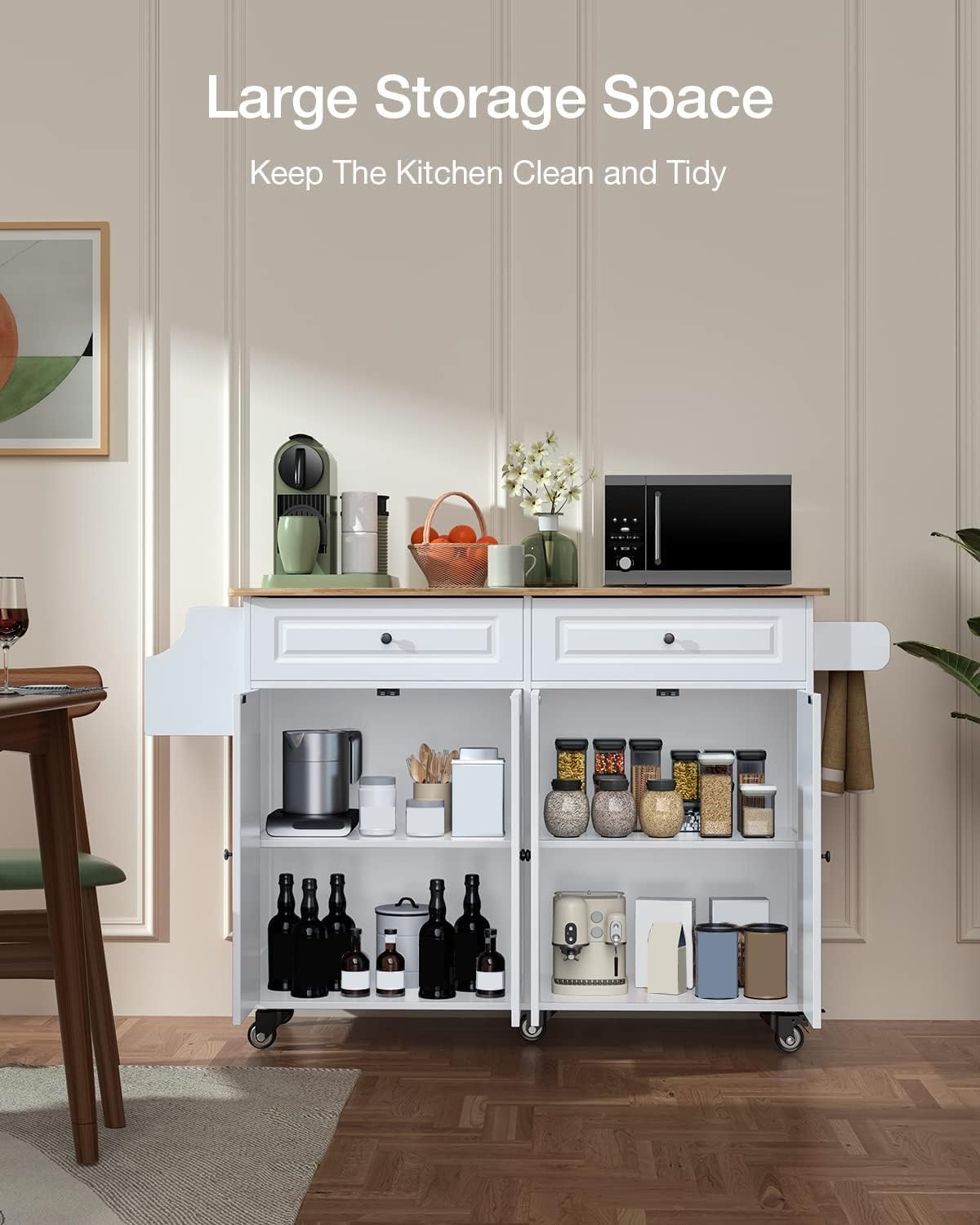 Rolling Kitchen Island Cart with Natural Rubber Wood Top - Mobile Kitchen Cart with Double Storage Cabinets & Drawers - White Kitchen Workstation for Small Spaces & Apartment Cooking
