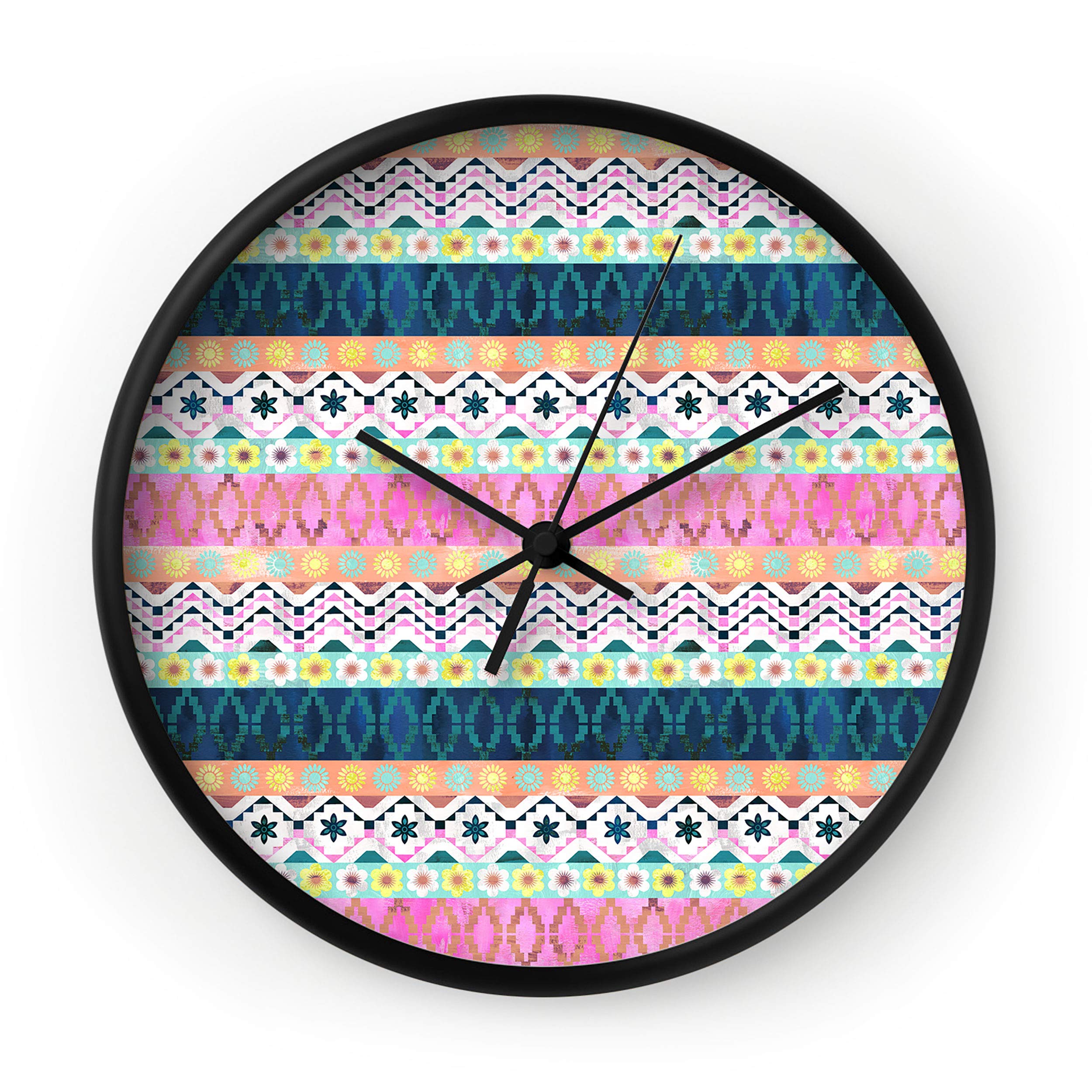 Deny Designs Schatzi Brown Wall Clock - Black Frame & Hands - Aviana Boho Style - Perfect for Living Room, Bedroom, or Office Decor