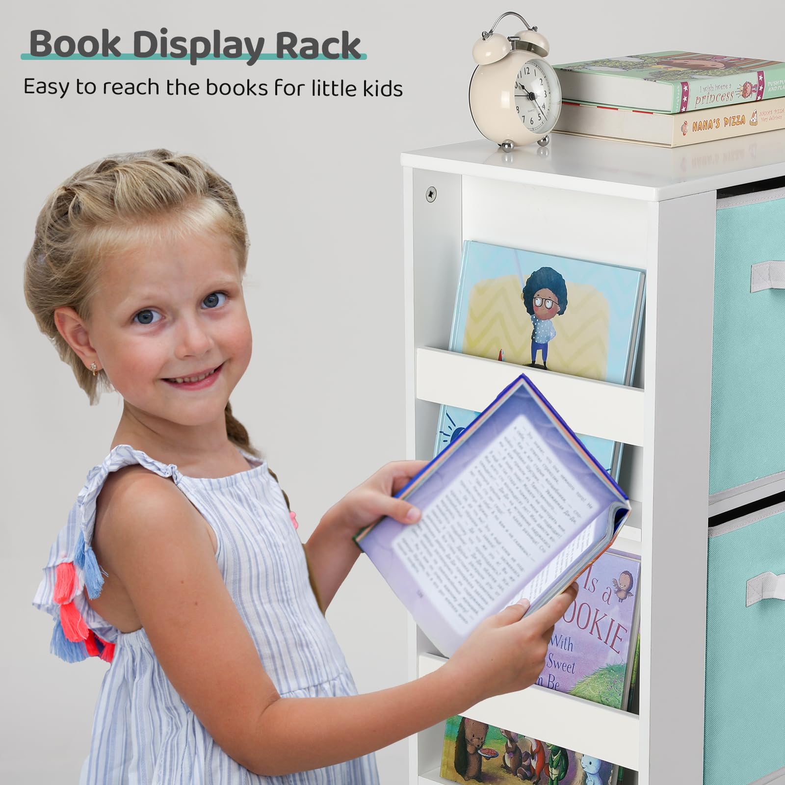 Cowiewie Kids Bookshelf with Reading Nook - Montessori Wooden Toy Storage Organizer Bench with Safety Hinged Seat for Bedroom & Playroom - Perfect for Storytime, Toy Organization & Cozy Reading Corners (Blue)