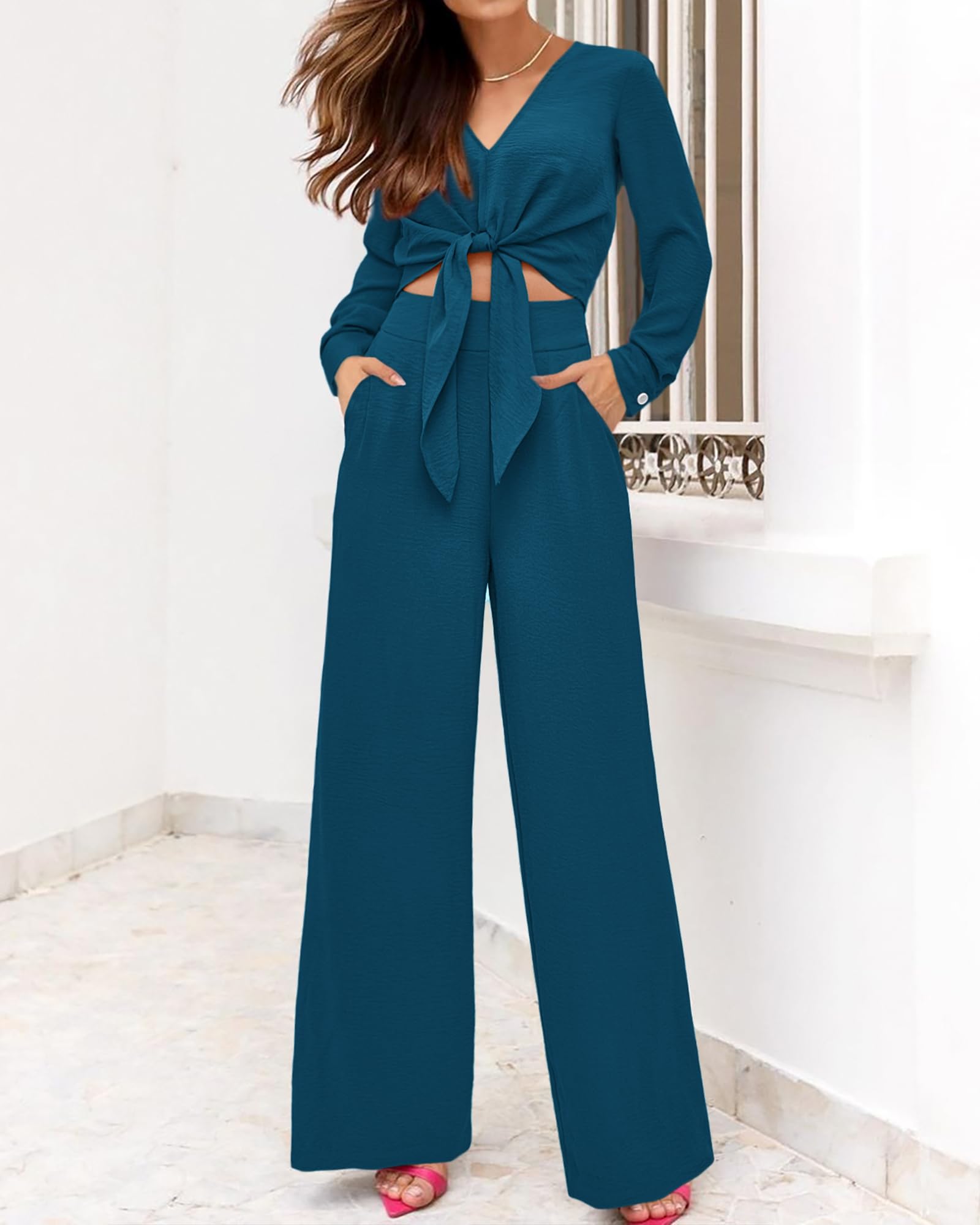 PRETTYGARDEN Women's 2 Piece Outfit Set - 2025 Spring Casual V Neck Long Sleeve Strappy Crop Top with Wide Leg Palazzo Pants | Lounge Wear, Street Fashion, Office Outfit