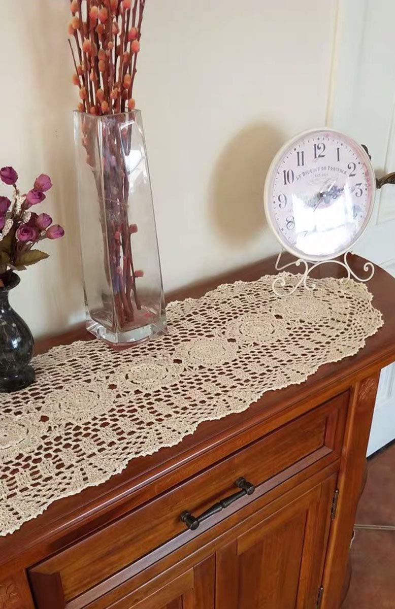 Handmade Crochet Cotton Table Runner - Beige Lace Doily Oval Dresser Scarf (11.8 x 35 Inches) for Dining Table, Coffee Table, and Home Decor