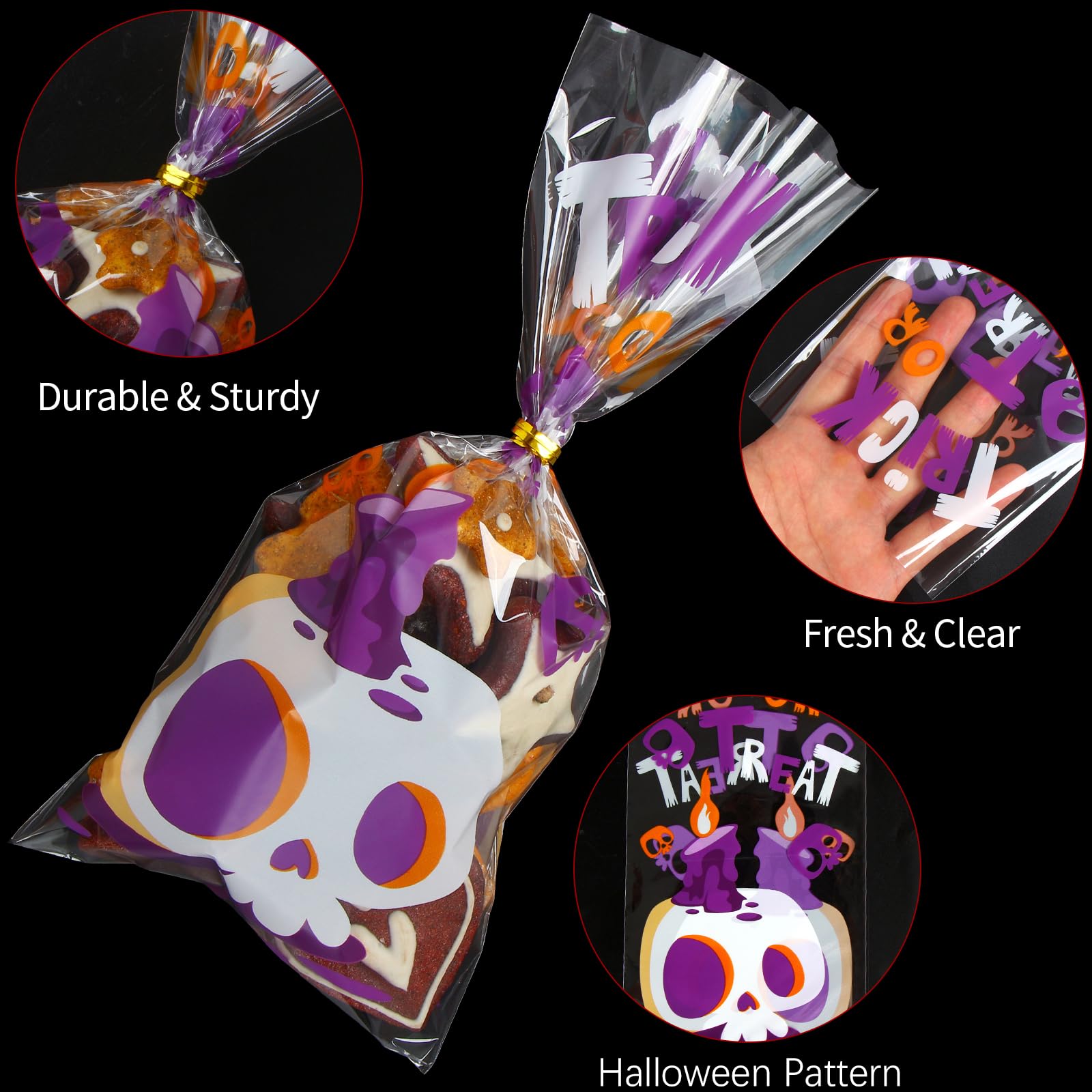 180 Pack Halloween Cellophane Treat Bags - Clear Plastic Goodie Candy Bags for Kids Party Favors with 210 Twist Ties | Bulk Snack Bags for Trick-or-Treat, Classroom Treats & Halloween Party Supplies