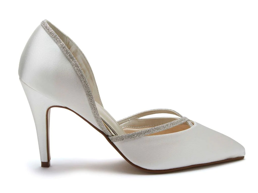 Elegant Ivory Satin Wedding Shoes with Sparkling Glitter Trim | Rainbow Club Georgia Collection | Perfect for Bridal Parties, Formal Events & Special Occasions