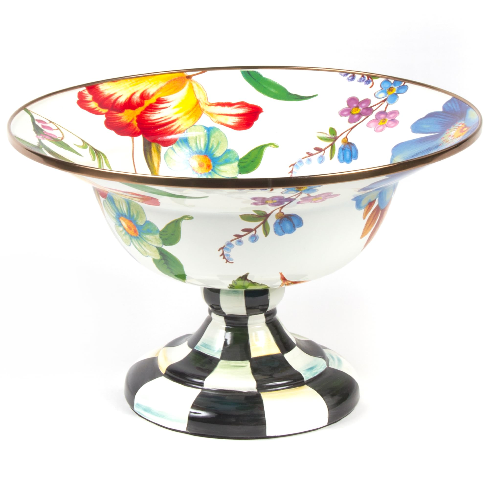 **MACKENZIE-CHILDS Enamel Compote Bowl – Large White Flower Market Design – Elegant Pedestal Serving Dish for Desserts, Fruits & Home Decor**    *(Perfect for Parties, Centerpieces & Vintage-Inspired Kitchen Display)*