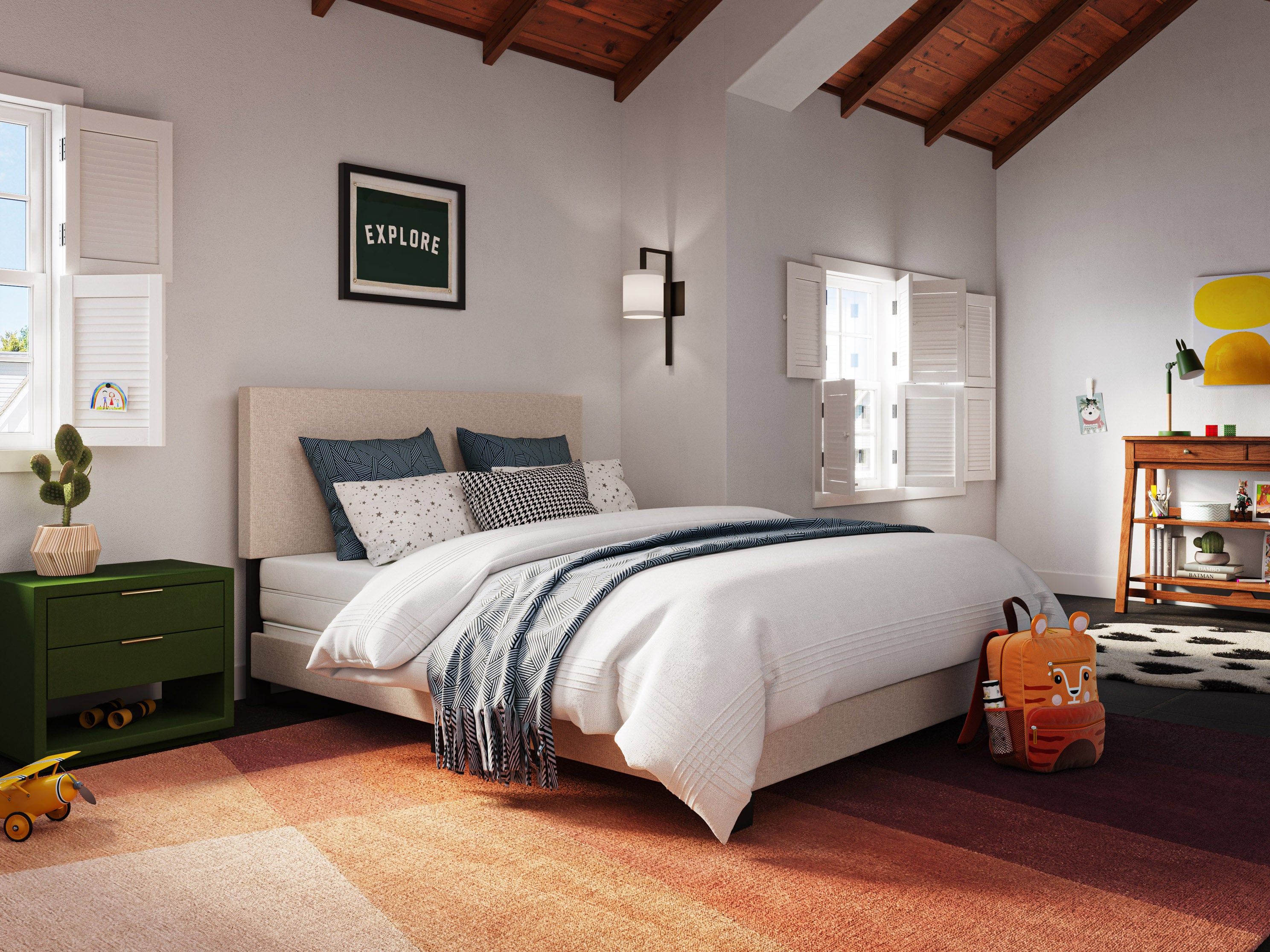 Modern Minimalist Upholstered Queen Bed Frame with Headboard - Beige Fabric Upholstery - Perfect for Contemporary Bedroom Decor & Small Space Living
