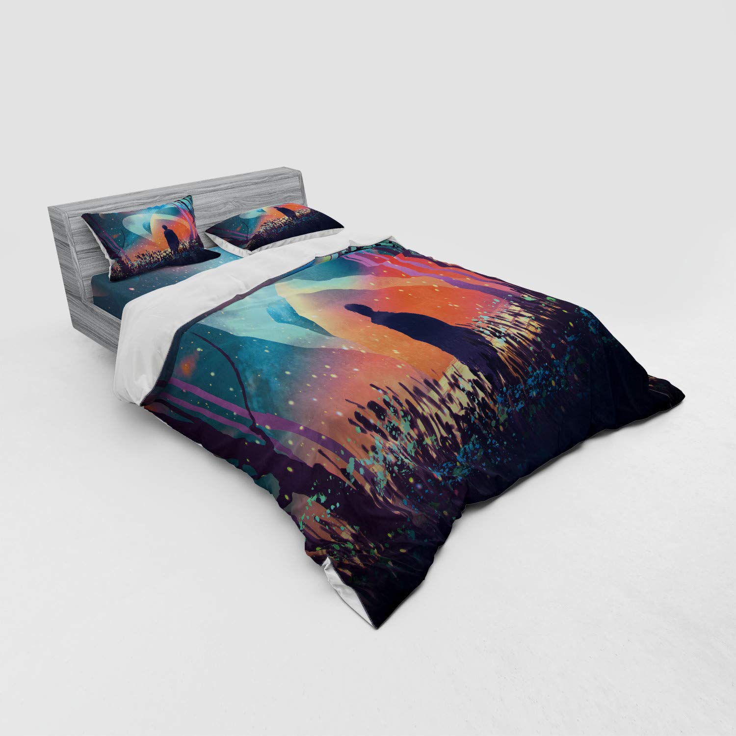 Ambesonne Fantasy Duvet Cover Set - Vibrant Galaxy Planets Space Cosmos Art Bedding, 4-Piece Queen Size with Shams & Fitted Sheet - Perfect for Sci-Fi Lovers & Space-Themed Bedrooms