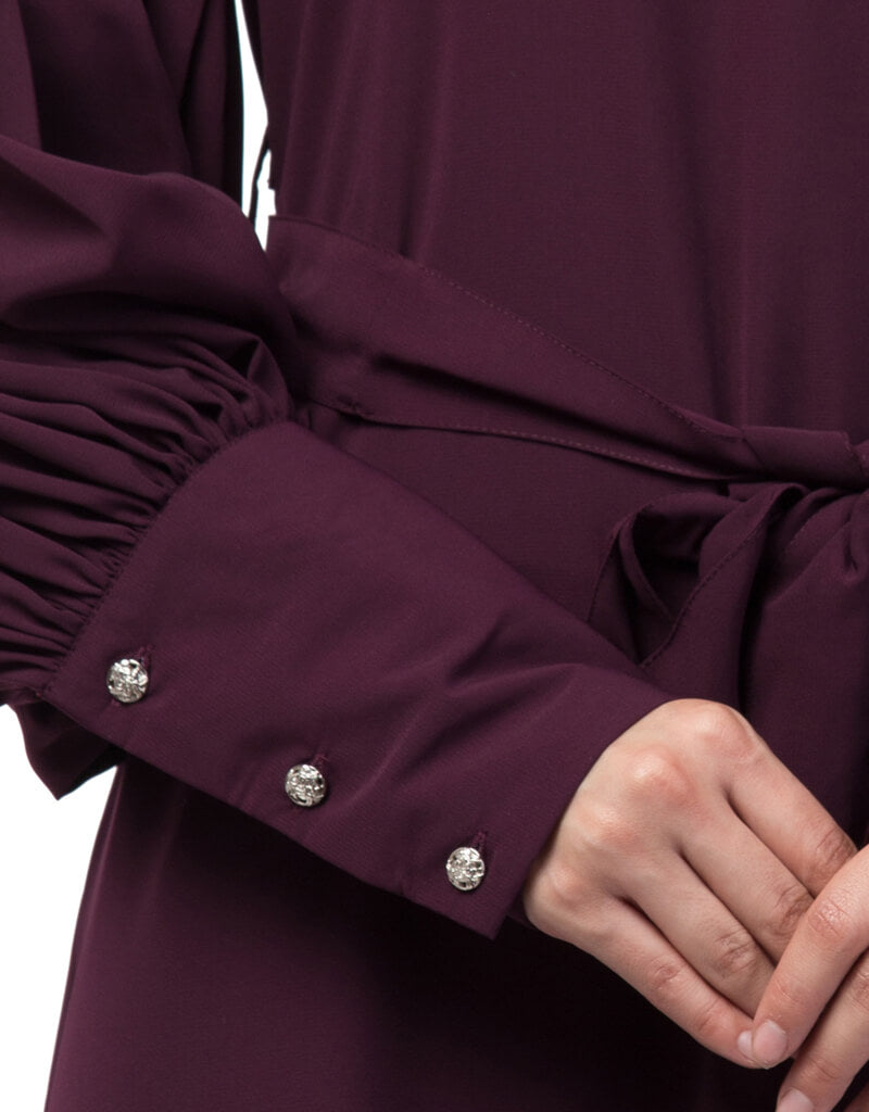 Elegant Arabic Long Cuff Full Balloon Sleeve Belted A-Line Abaya Dress in Wine Red - Perfect for Modest Fashion, Islamic Occasions & Special Events