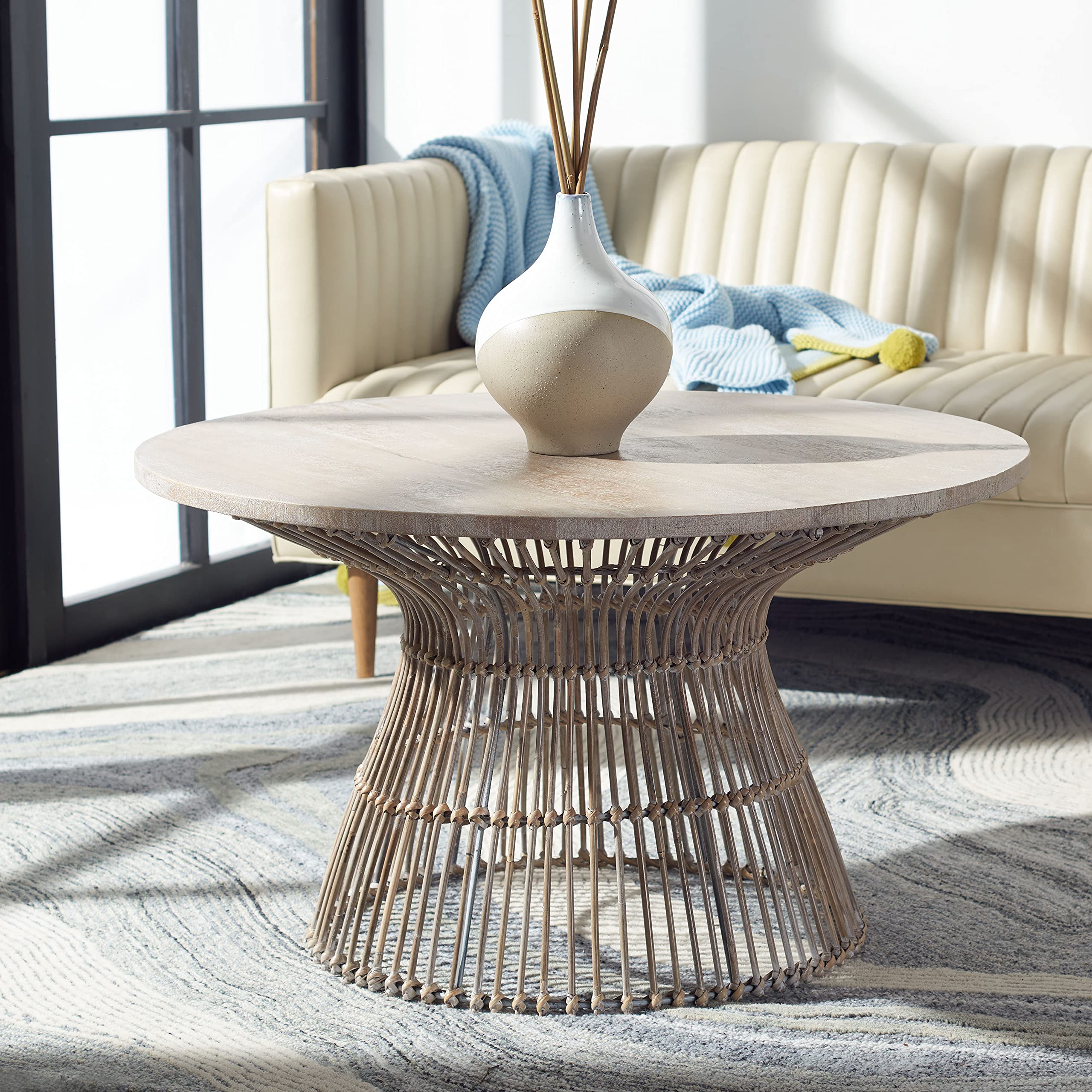 SAFAVIEH Coastal Round Coffee Table - Grey White Wash & Black for Living Room