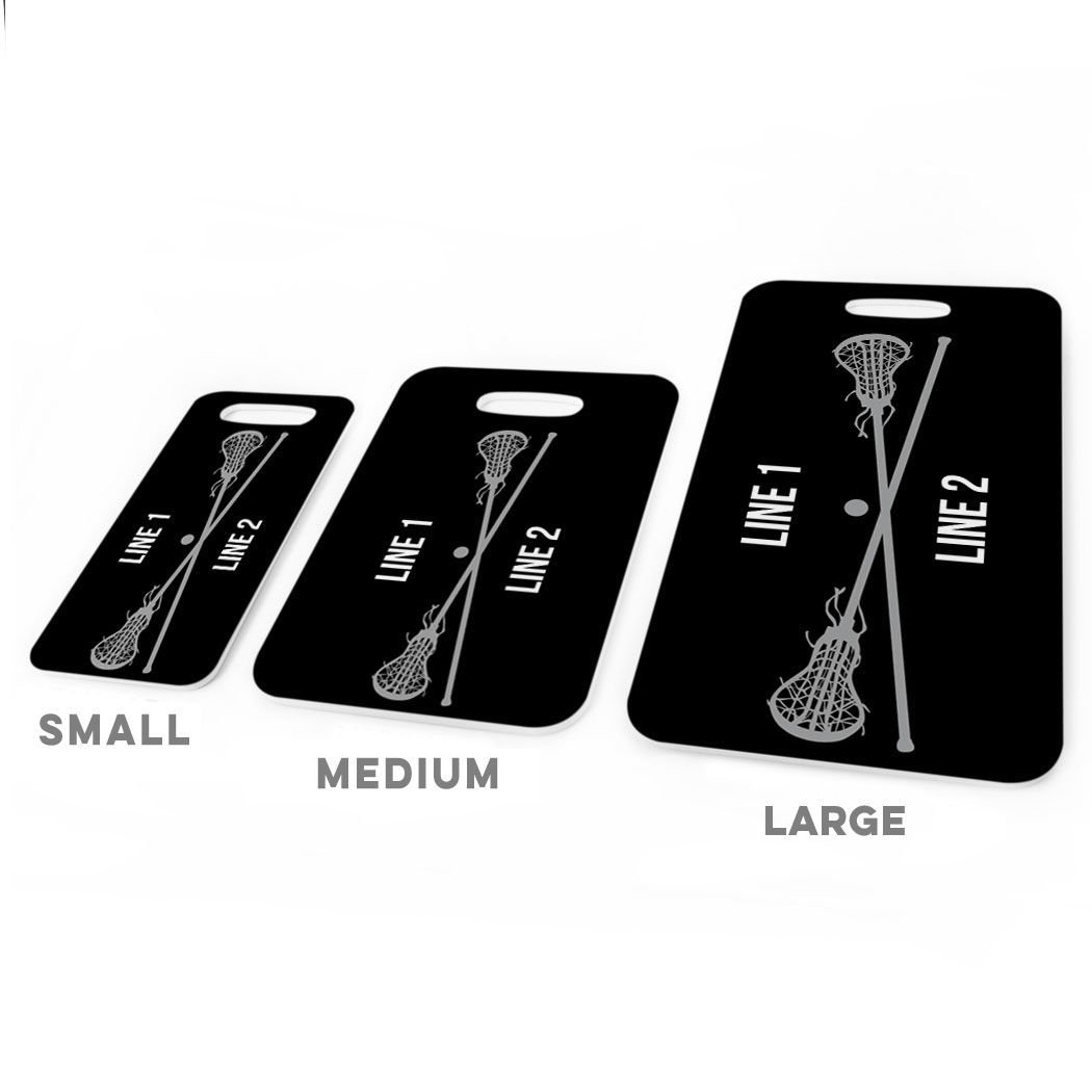 Personalized Girls Lacrosse Bag Tag with Crossed Lax Sticks - Large Black/Gray Luggage Tag with Standard Lines - Perfect for Travel, Sports Gear & School Backpacks