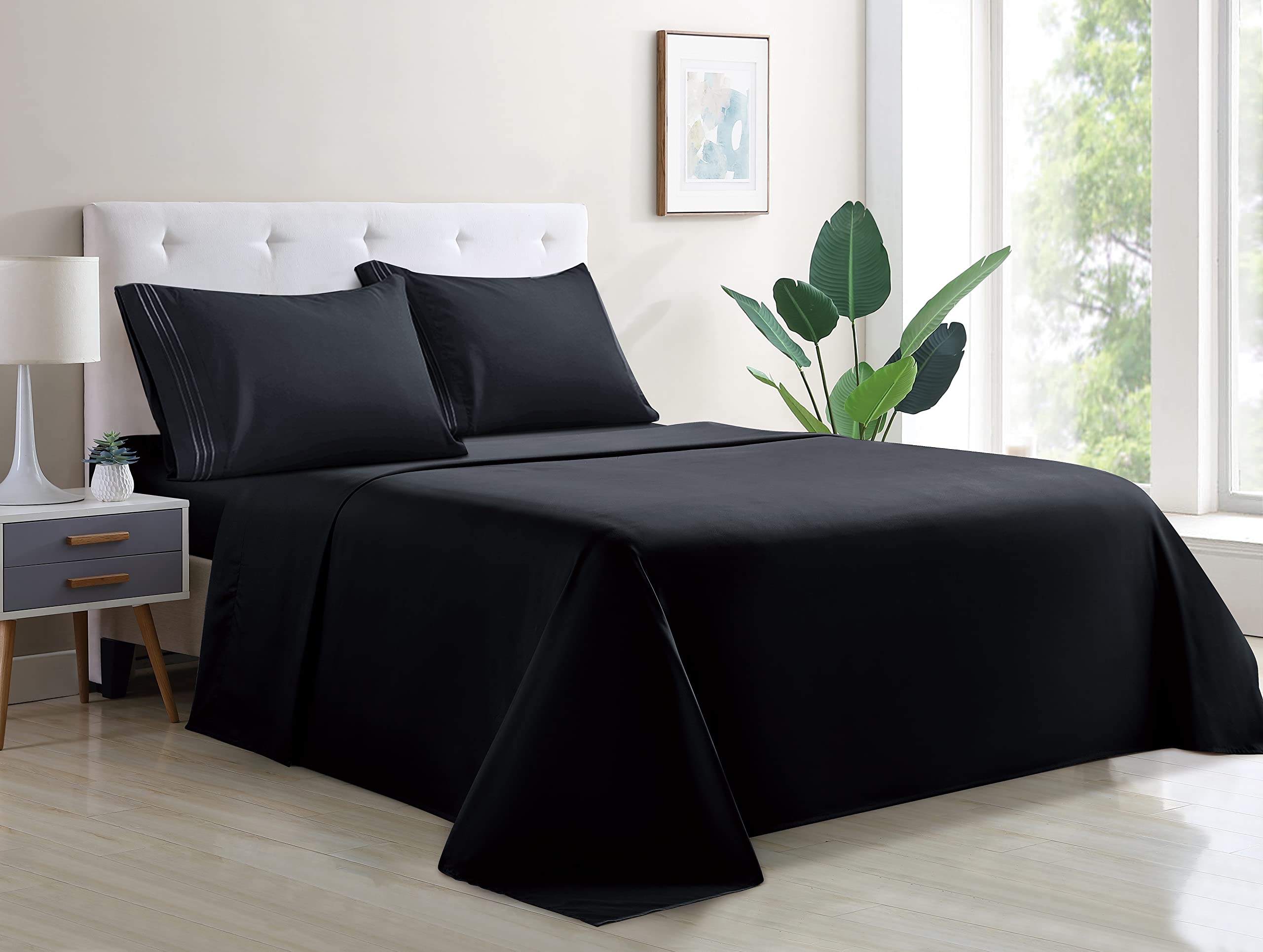 Super Soft 100% Microfiber Queen Size Bed Sheet Set - 1800 Brushed Microfiber with Embroidered Design, 16-Inch Deep Pocket, 4-Piece (Black) - Perfect for Cozy Bedrooms, Guest Rooms & Dorm Comfort