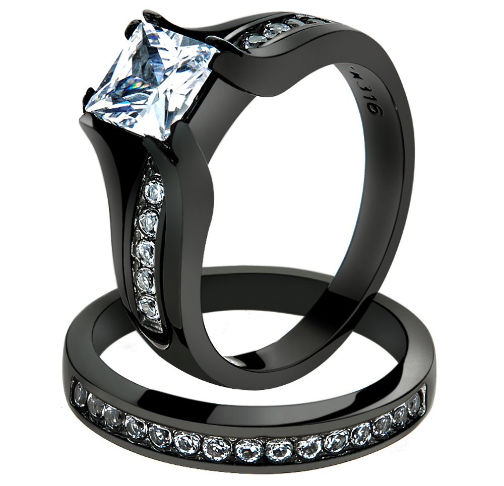 His & Her Wedding Rings Set - Black Stainless Steel & Titanium Bands for Couples