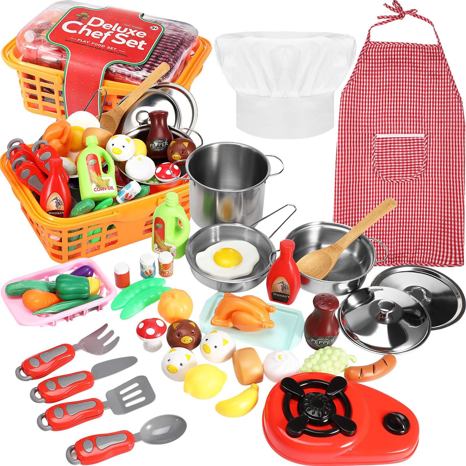 42-Piece Play Kitchen Accessories Set - Pots, Pans, Utensils, Cookware, Food & Storage Basket with Apron & Chef Hat - Perfect Christmas & Birthday Gift for Toddlers & Kids - Ideal for Preschool Learning & Imaginative Play
