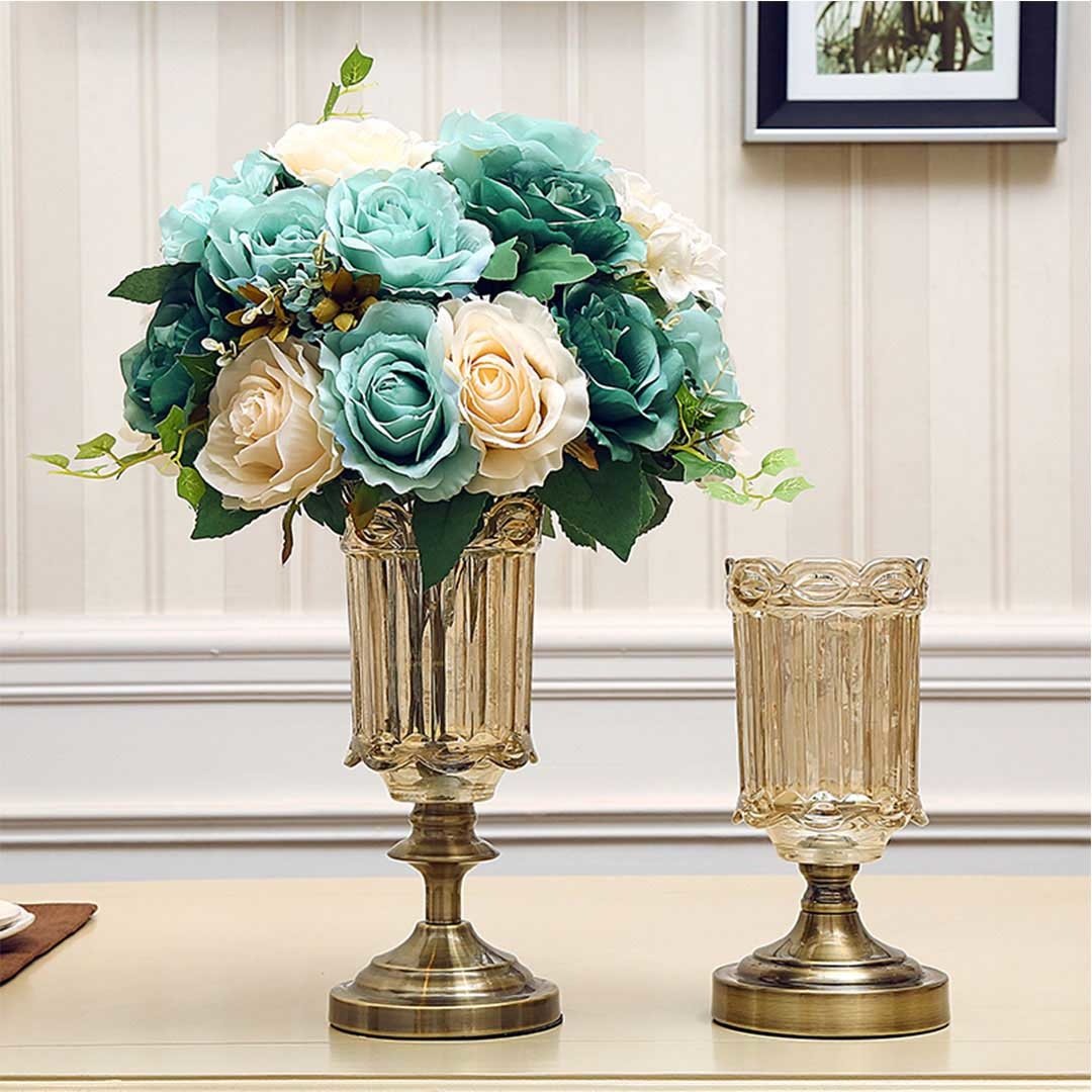 28.5cm Clear Glass Flower Vase with Sturdy Metal Base - Decorative Centerpiece for Home, Wedding, Office & Event Decor
