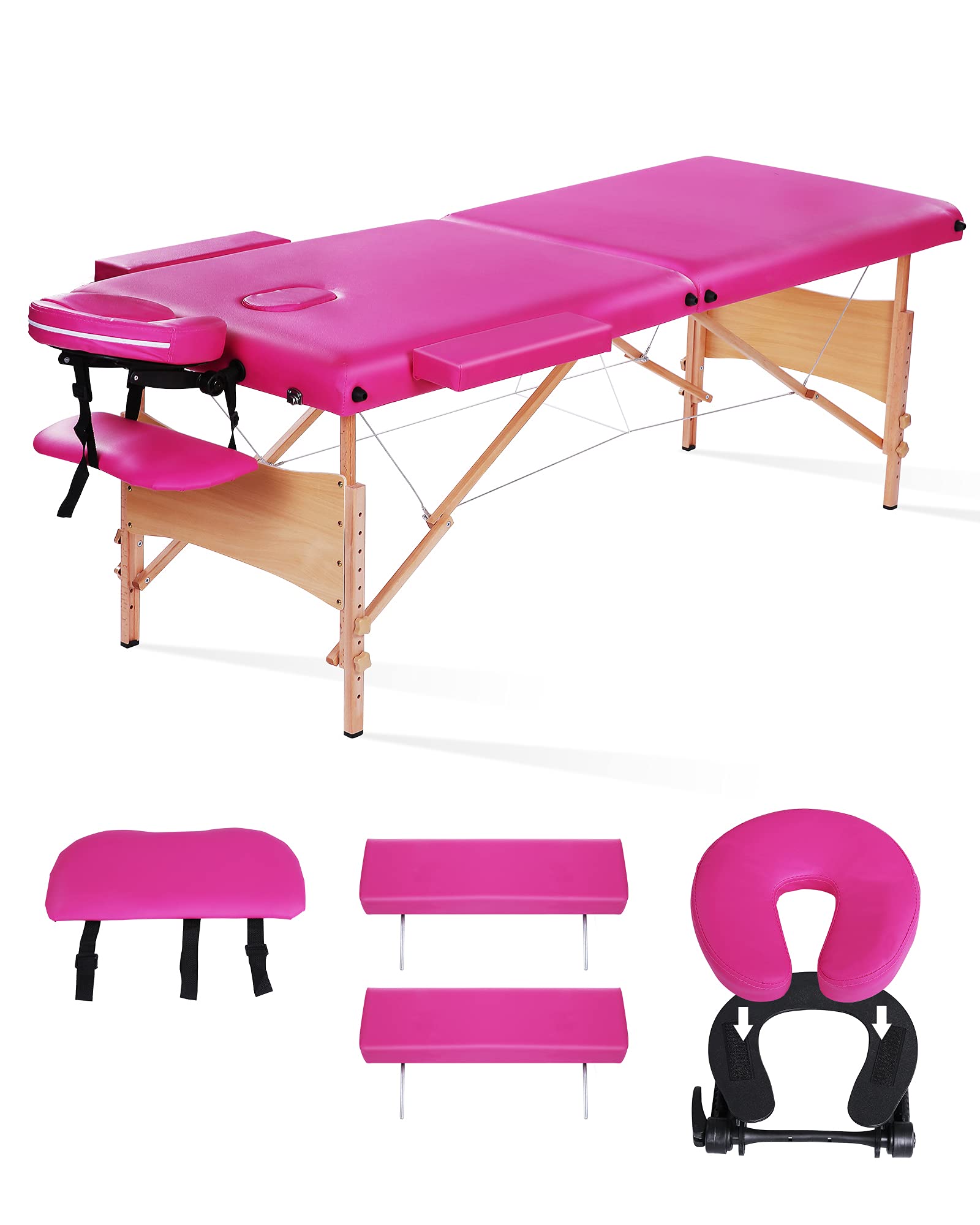 Portable Massage Table 84 Inch - Adjustable Height Folding Spa Bed for Lash Extensions, Massage Therapy & Facial Treatments - 496LBS Weight Capacity - Pink Wooden Design - Perfect for Salons, Spas & Home Use