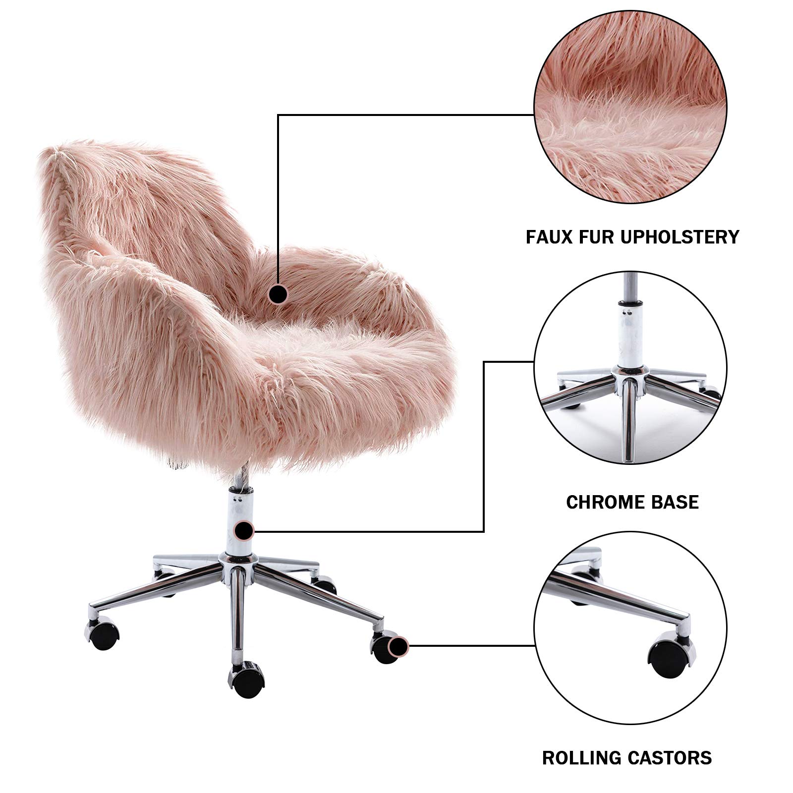 Elegant Pink Faux Fur Vanity Chair with Wheels - Modern Comfy Makeup Desk Chair for Girls & Women - Perfect for Bedroom, Living Room & Dressing Room Decor