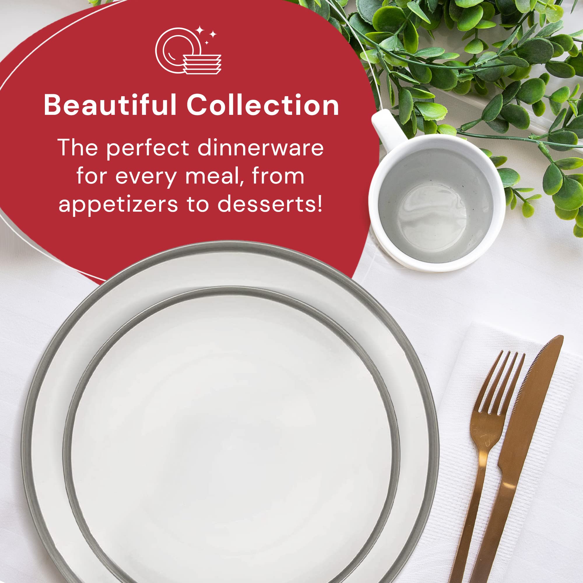 Safdie & Co. - 16-Piece Modern Stoneware Dinnerware Set, Luna Tone Plates & Bowls for Indoor/Outdoor Use, Dishwasher Safe White & Grey - Perfect for Family Dinners, Entertaining Guests, and Outdoor Dining