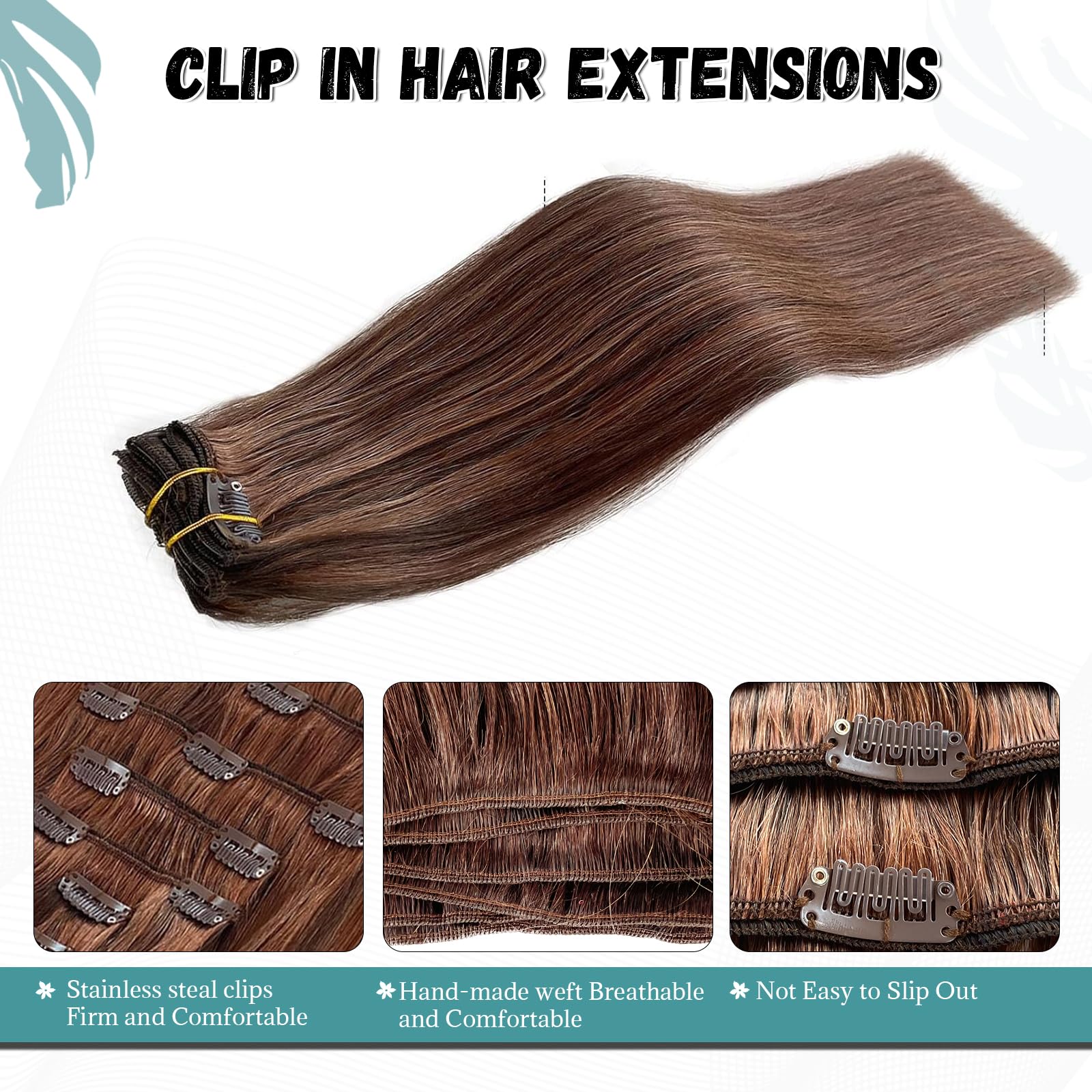 70g Clip-in Human Hair Extensions - Brown Balayage with Blonde Highlights, Double Weft Silky Straight Remy Hair (7Pcs, 18inch) for Volume & Length - Perfect for Parties, Weddings & Daily Styling