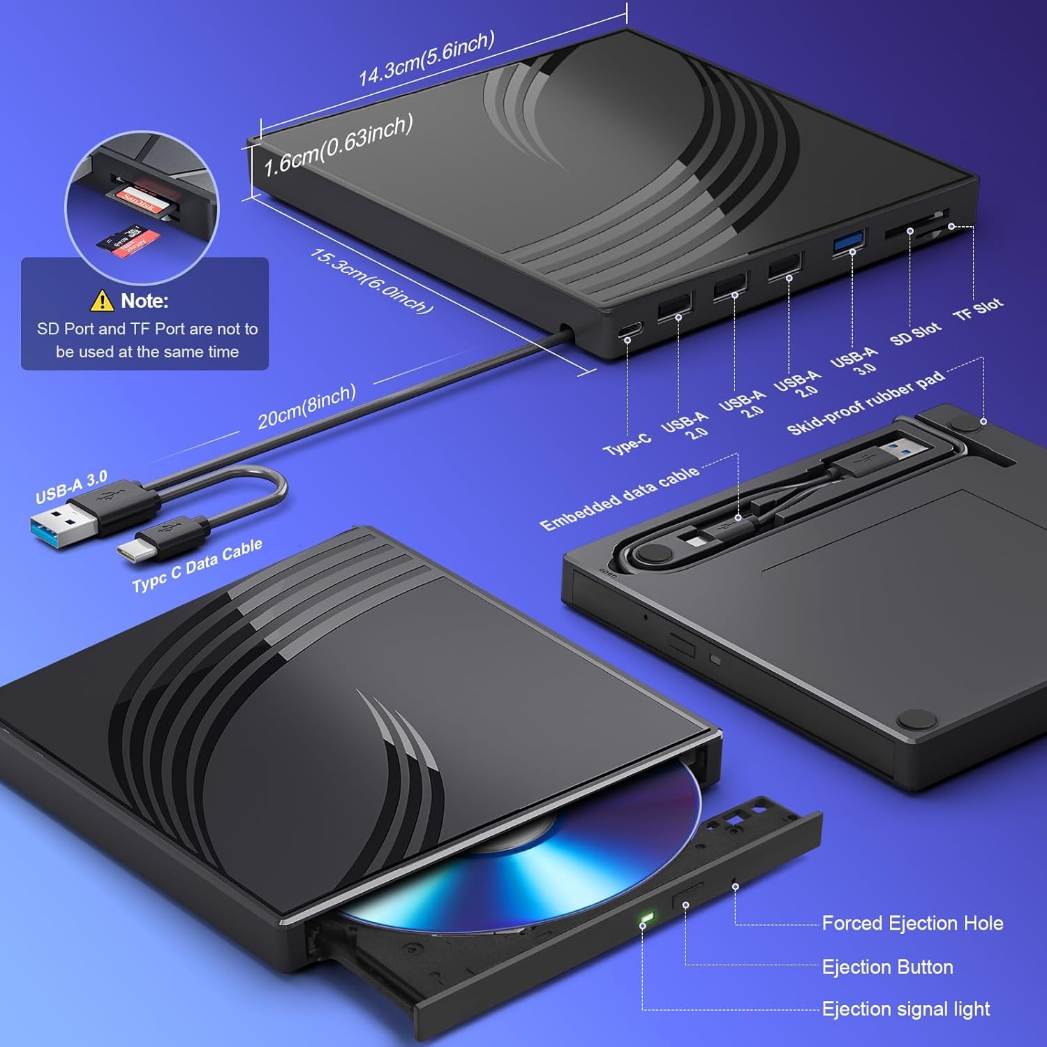 Portable External CD/DVD Drive for Laptop with Carrying Case, USB 3.0 DVD Burner, 4-Port Hub, TF/SD Card Reader, Compact CD Writer for Home, Office, and Travel Use