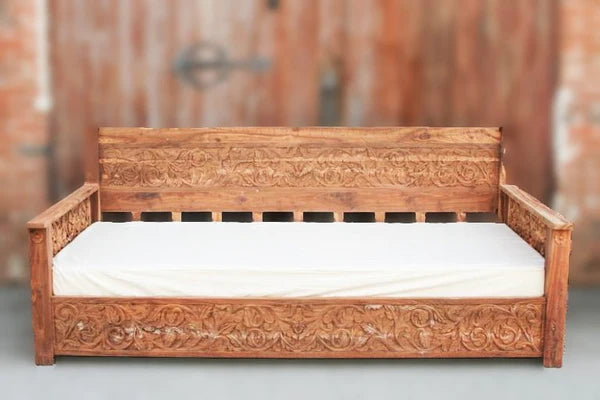 Hand Carved Indian Solid Mango Wood Daybed - Traditional Handmade Sofa Bed for Living Room, Patio & Outdoor Use - Perfect for Lounging, Relaxing & Guest Accommodation