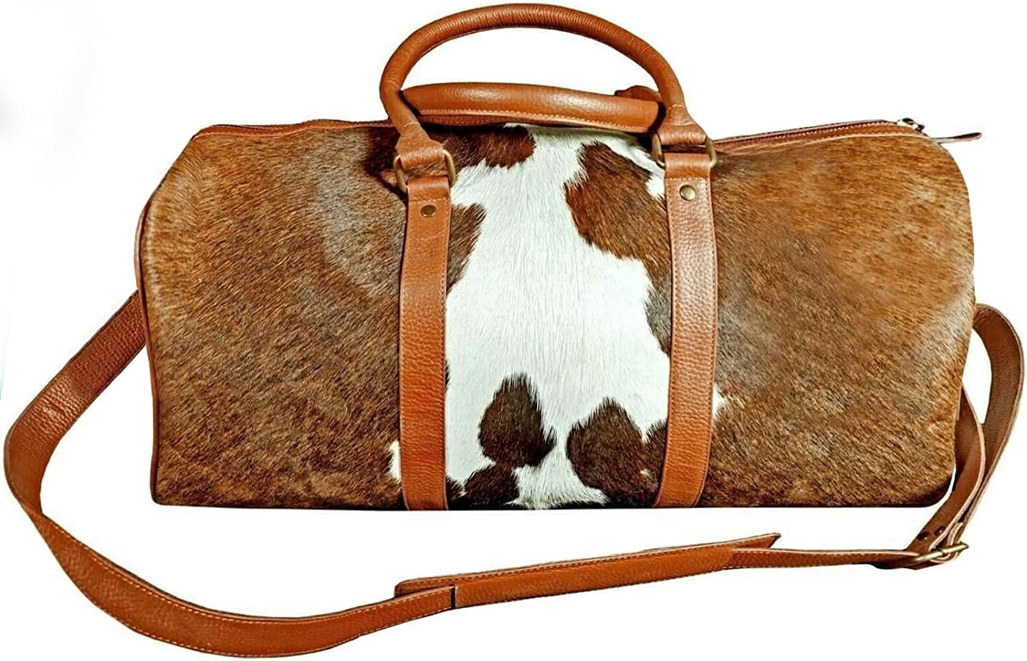 Genuine Cowhide Leather Duffel Bag - Large Exotic Travel & Gym Bag with Hair-on Hide - Choose Tricolor (Black/Brown/Tan) - Perfect for Overnight Trips, Sports & Business Travel
