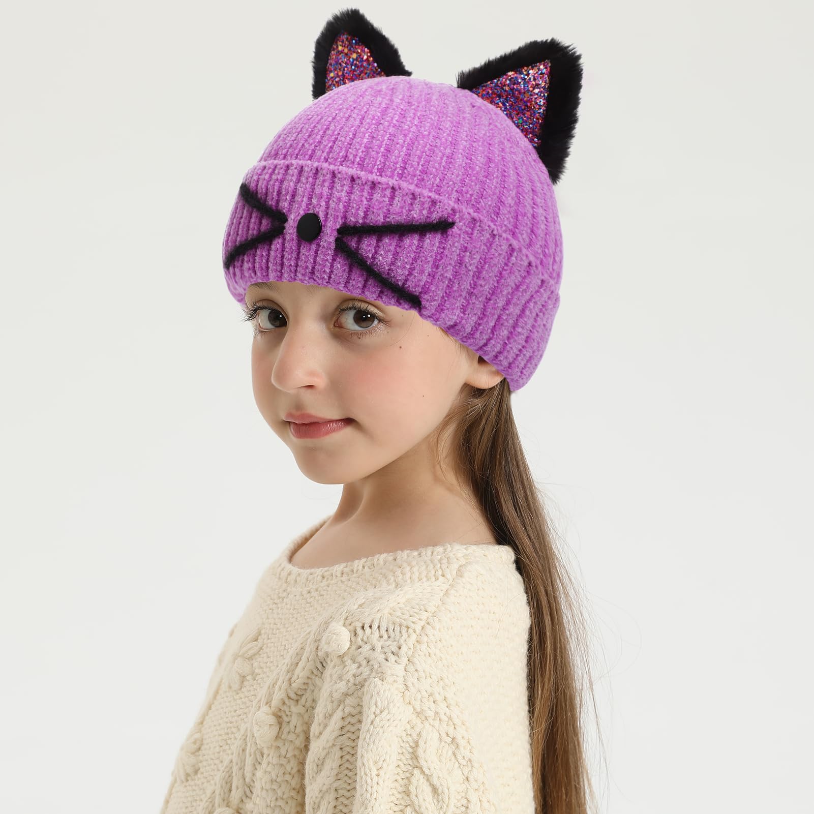 Sparkle Cat Ears Knit Beanie for Girls Ages 7-12 - Warm Winter Hat with Sequins for Outdoor Snow Skiing & Cold Weather Activities