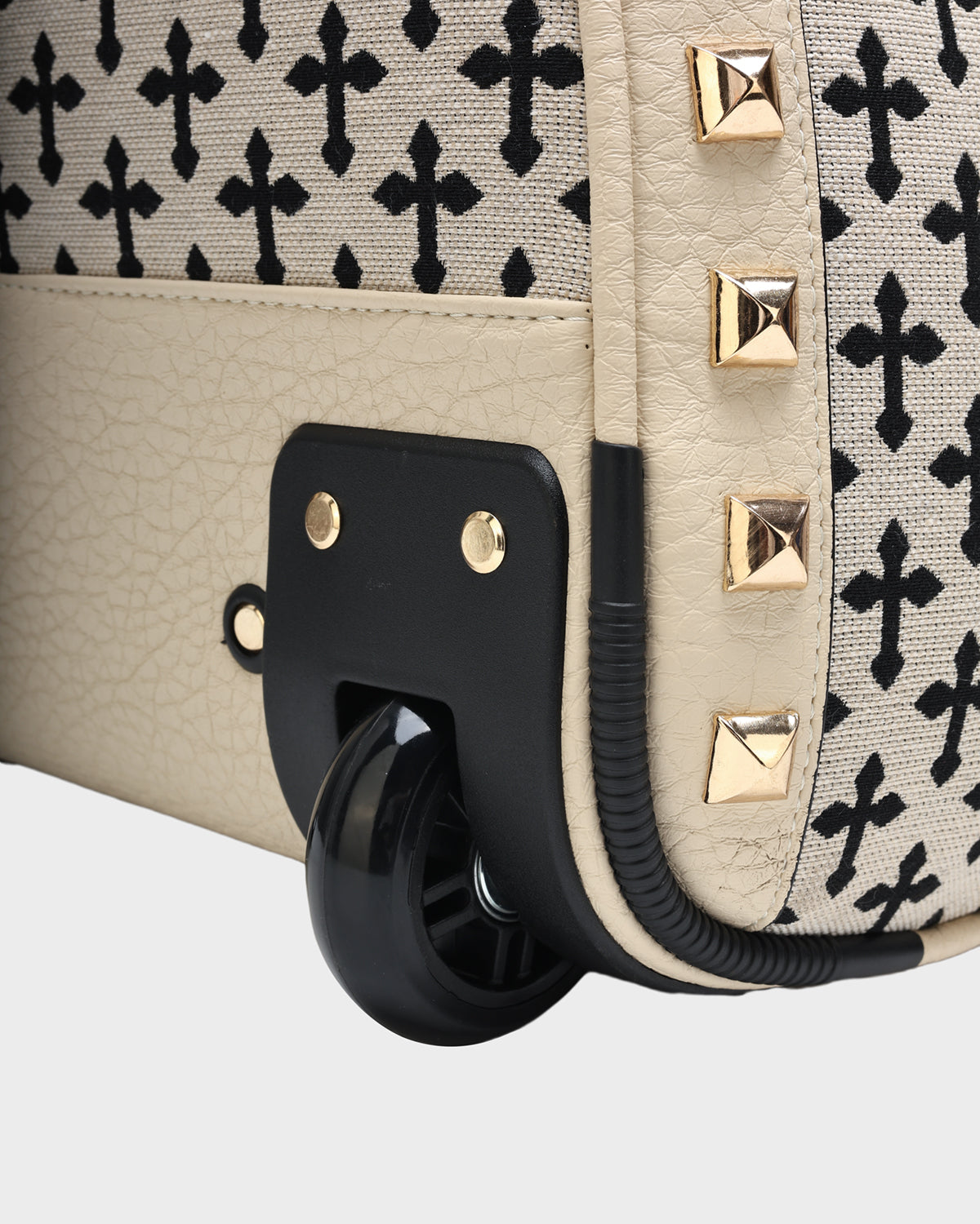 **Cream White Cross Spiked Rolling Duffle Bag - Stylish Travel Luggage for Gym, Weekend Trips & Airplane Carry-On**